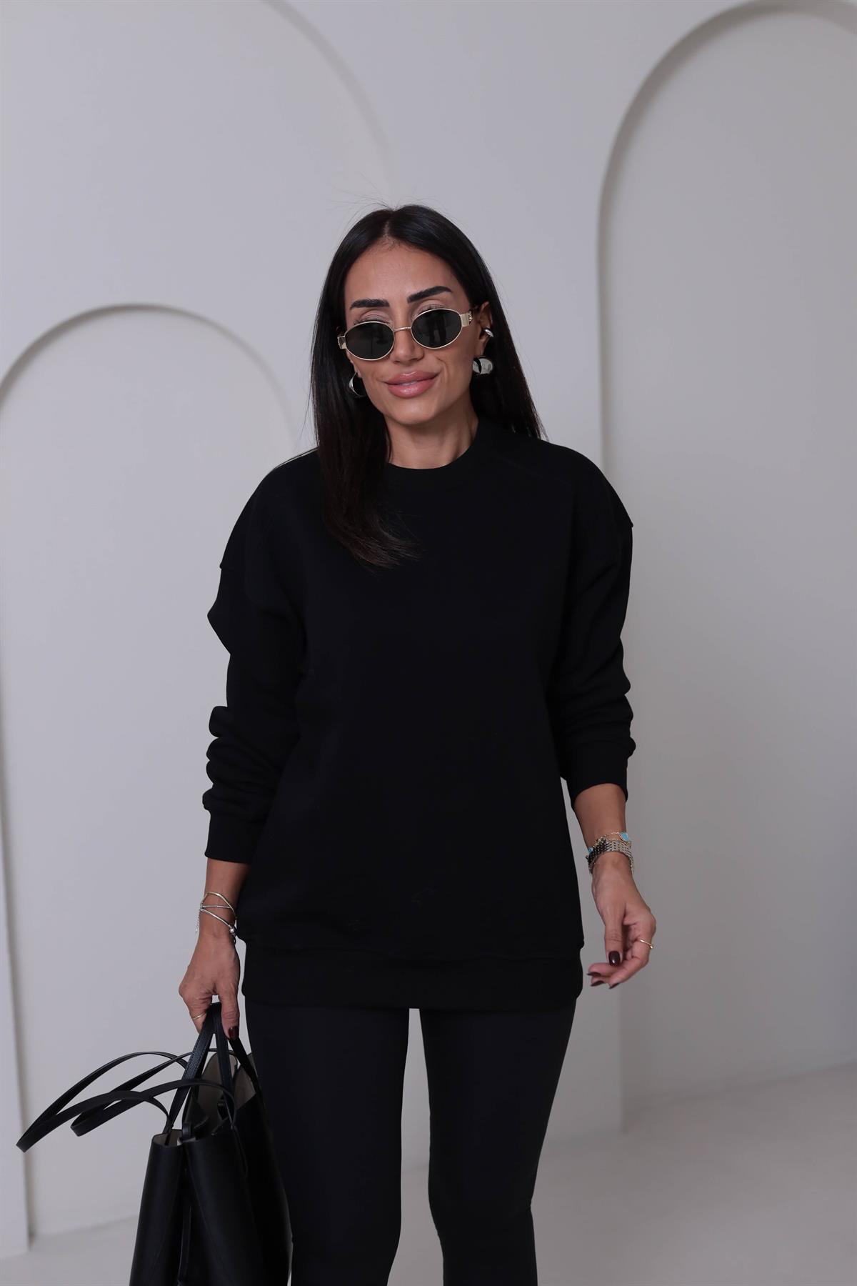 7912 Bisiklet Yaka Şardonlu Sweatshirt SİYAH