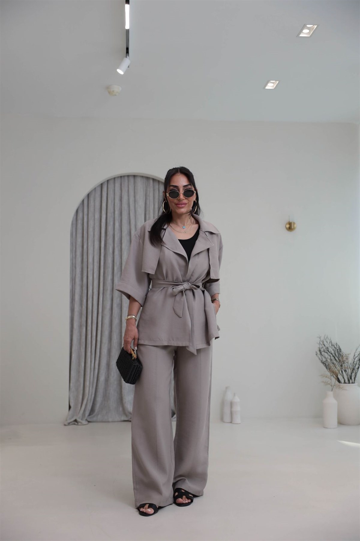 7309 Tencel Kumaş Yarım Kol Gömlek Pantolon Takım VİZON
