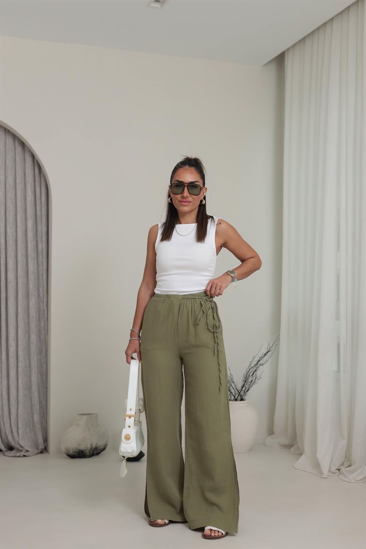 8028 Paça Yırtmaçlı Müslin Pantolon YEŞİL