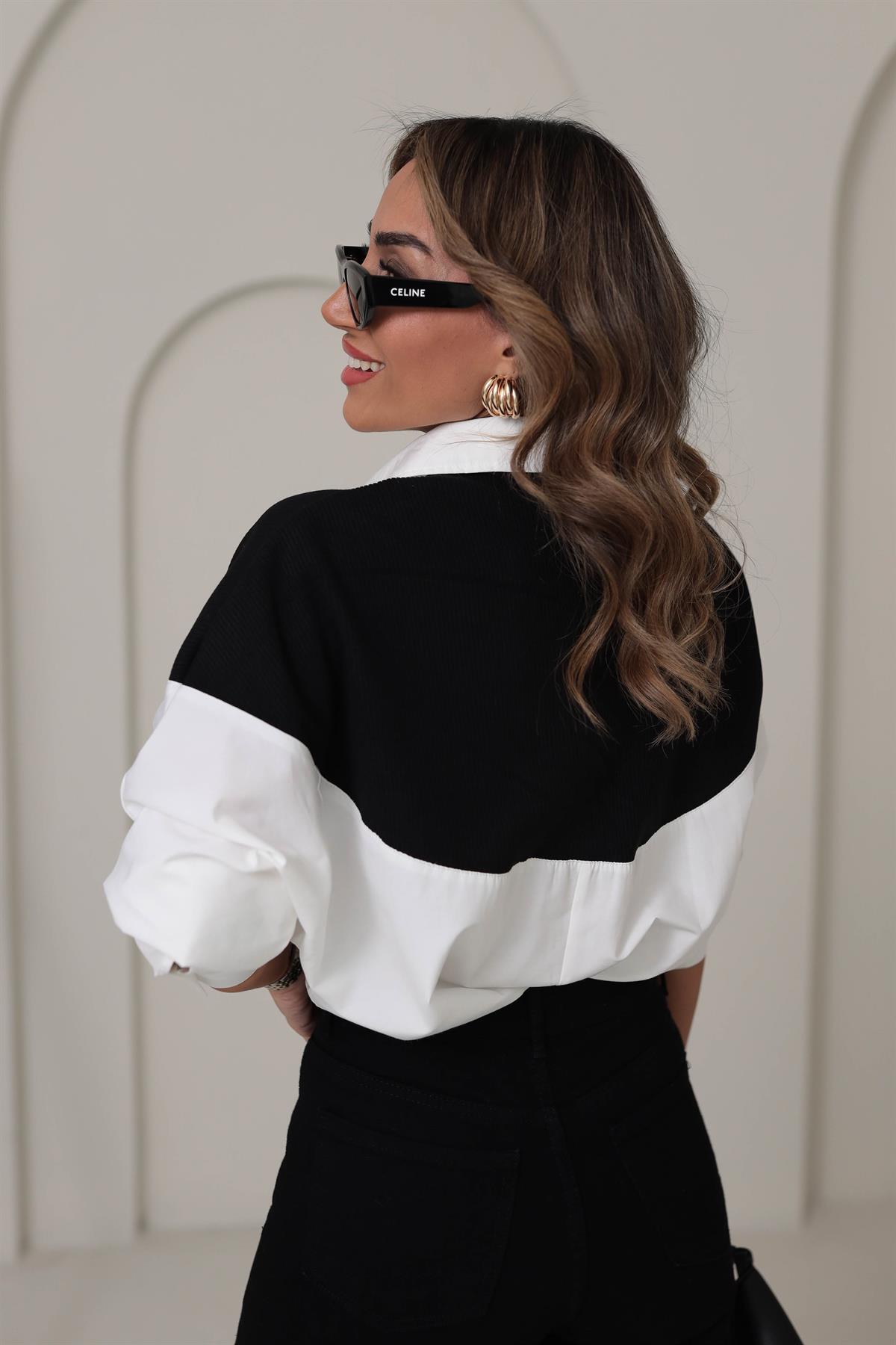 8034 Triko Garnili Poplin Gömlek SİYAH