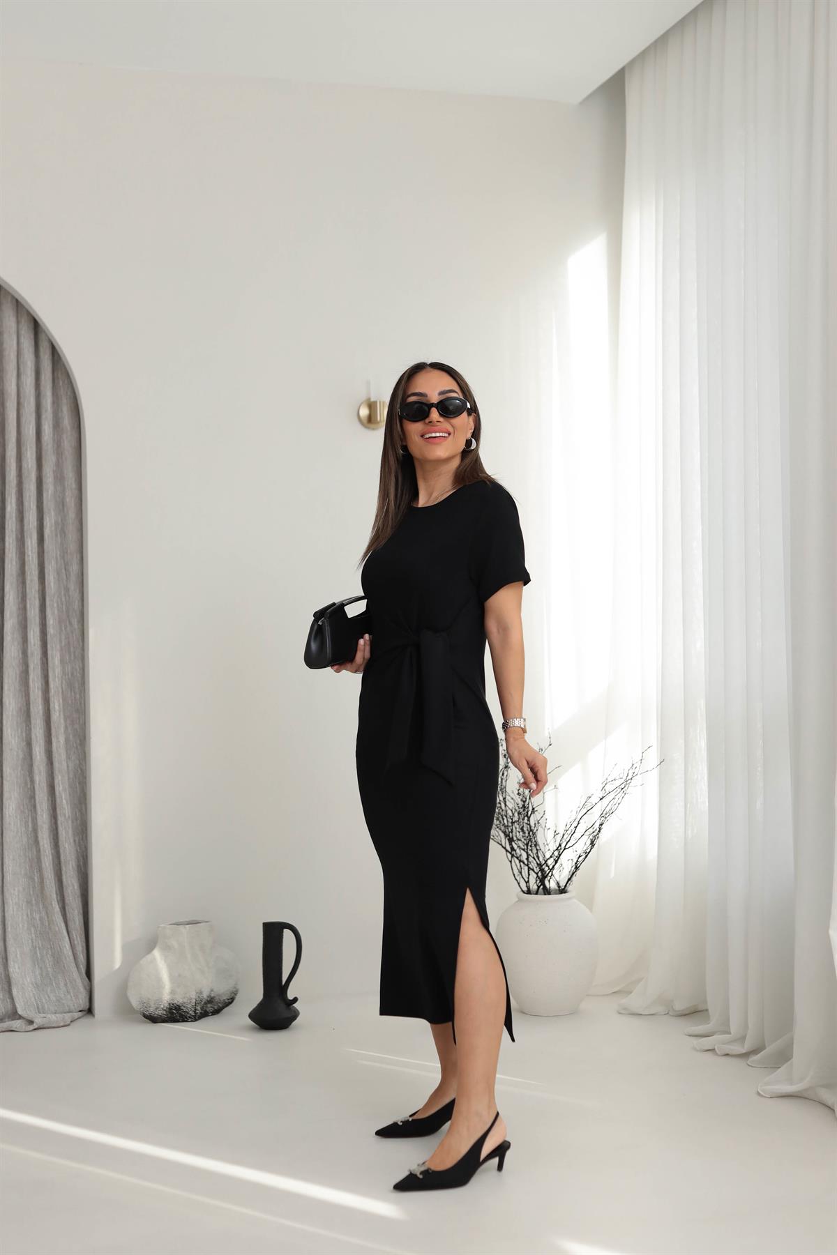 3182 Önden Bağlamalı Yanları Yırtmaçlı Penye Elbise SİYAH