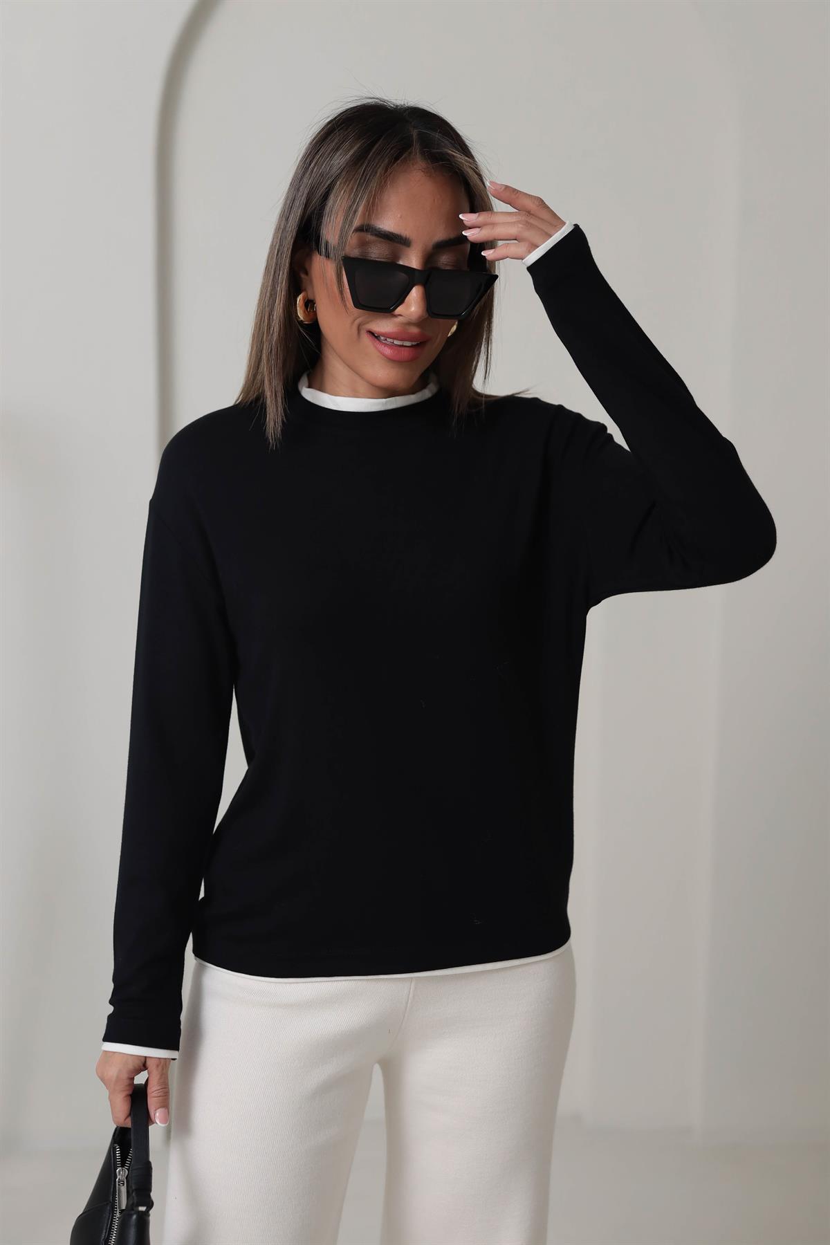 1145 Çift Yakalı Modal Bluz SİYAH