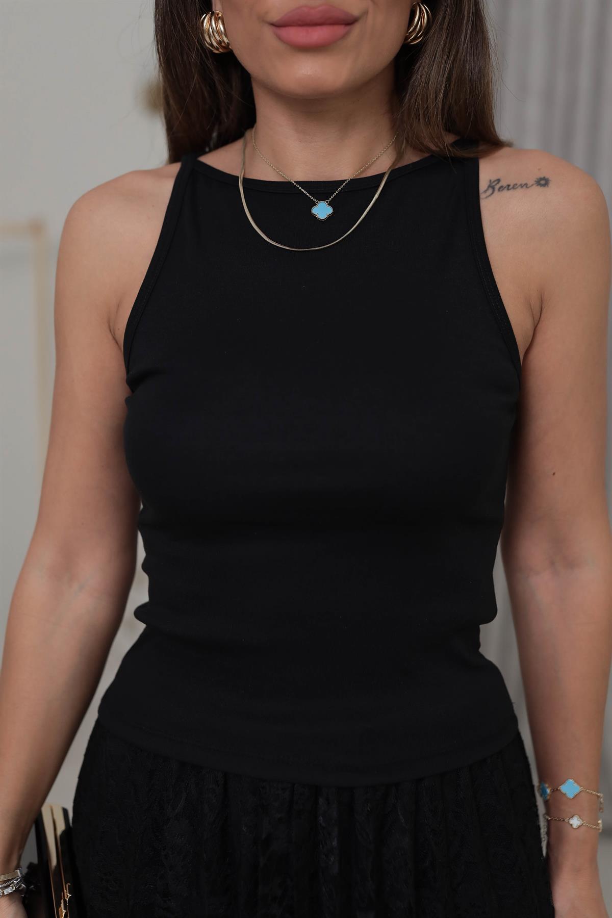 1048 Halter Yaka Pamuklu Top SİYAH