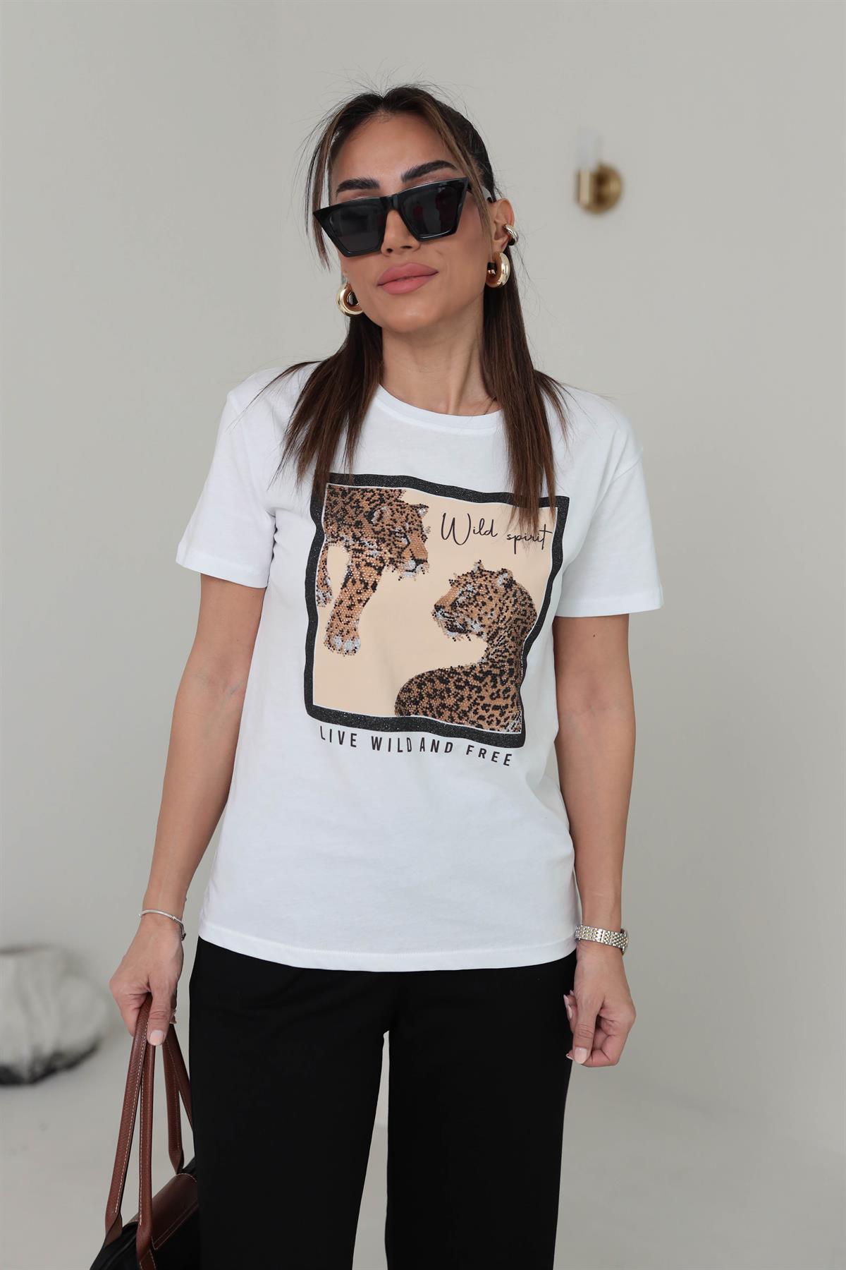 7068 Kaplan Baskılı Taşlı Pamuklu Tshirt BEYAZ