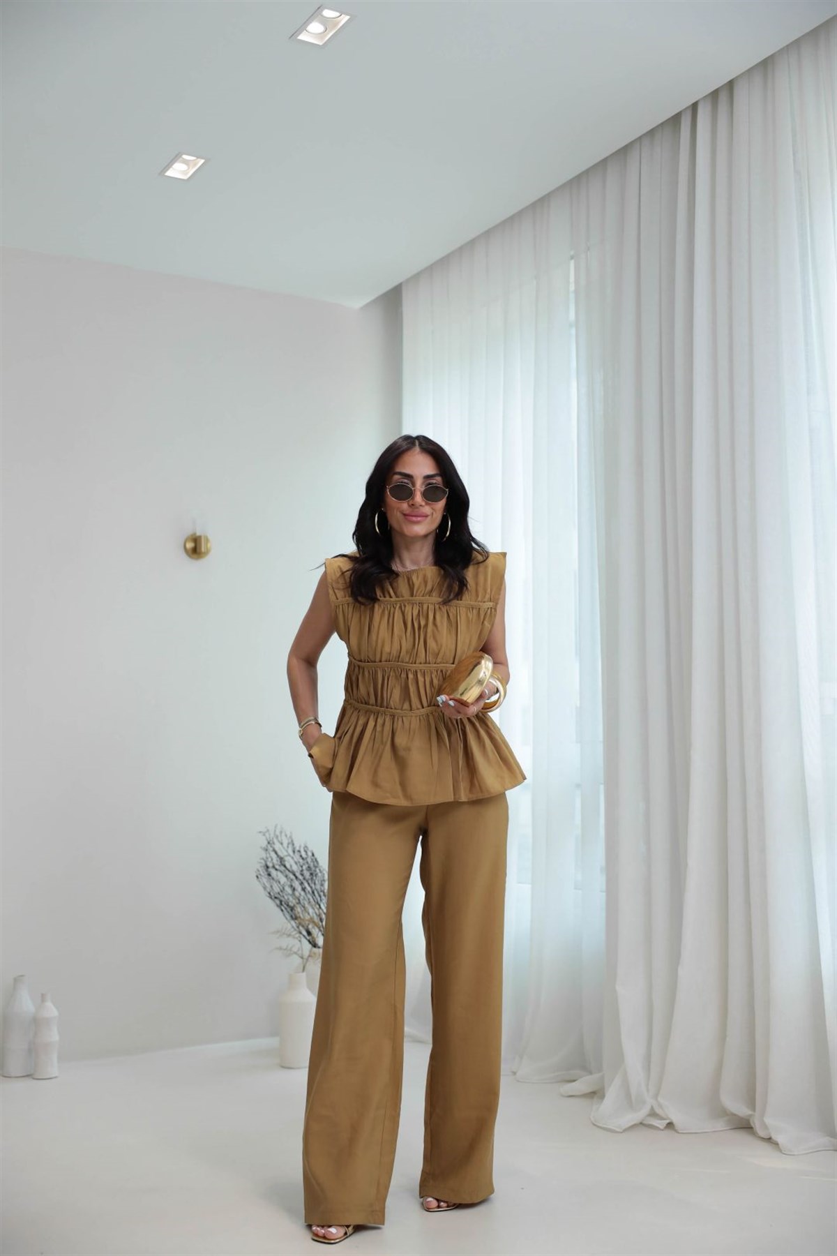 0483 Kat Kat Dikiş Detaylı Tencel Takım OLİVE