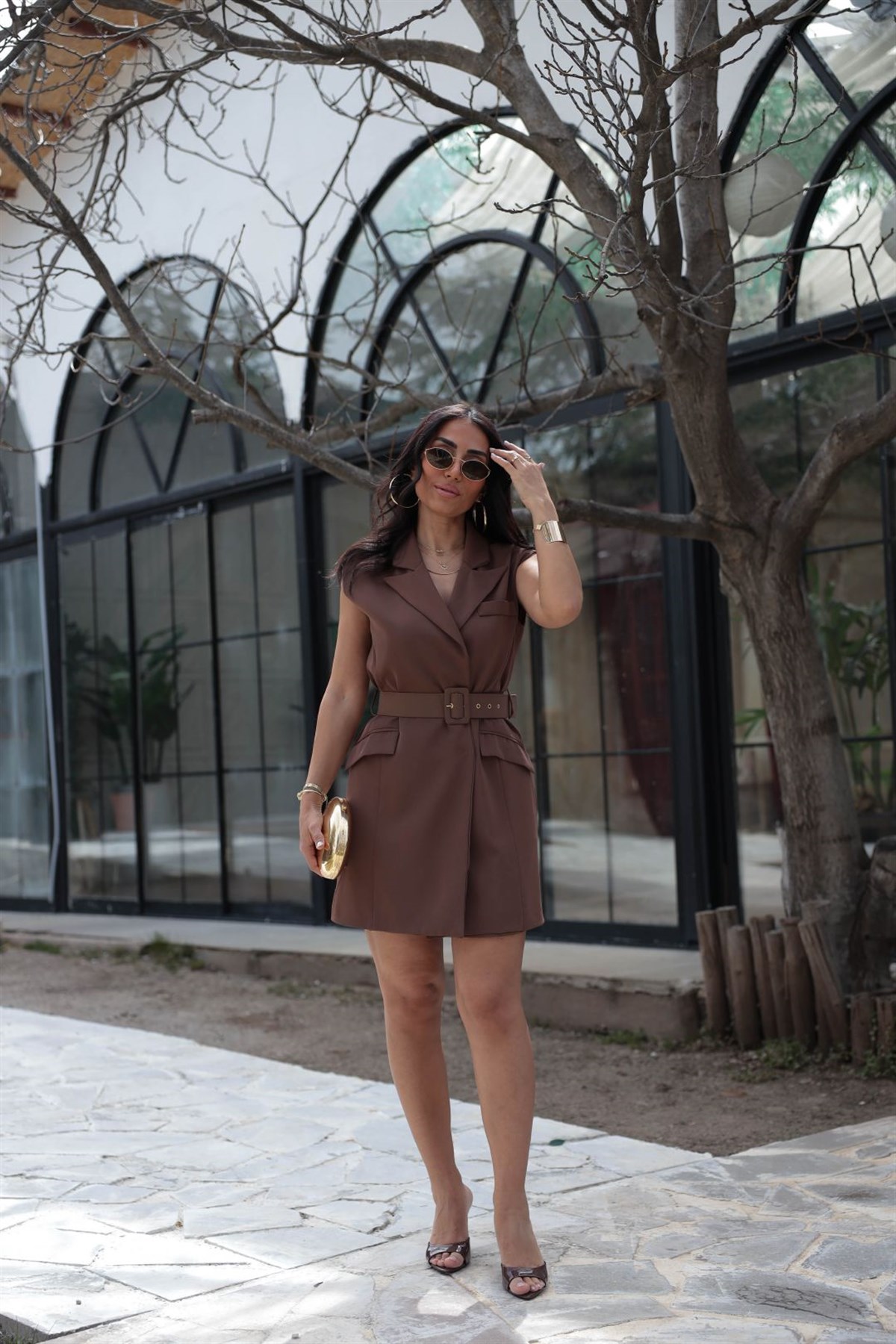 7281 Beli Kemerli Mini Elbise KAHVE