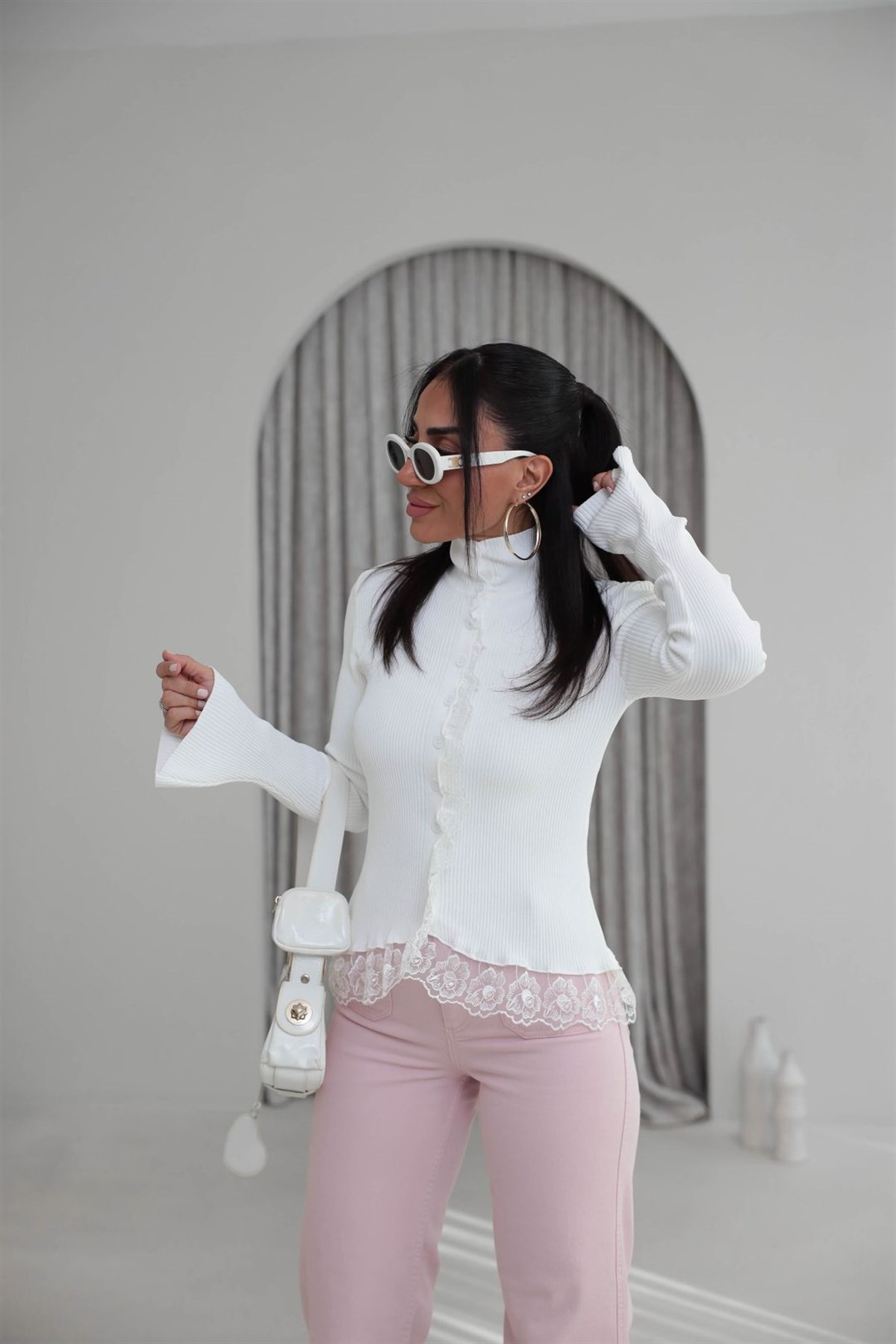 Yarım Balıkçı İspanyol Kol Güpürlü Hırka BEYAZ