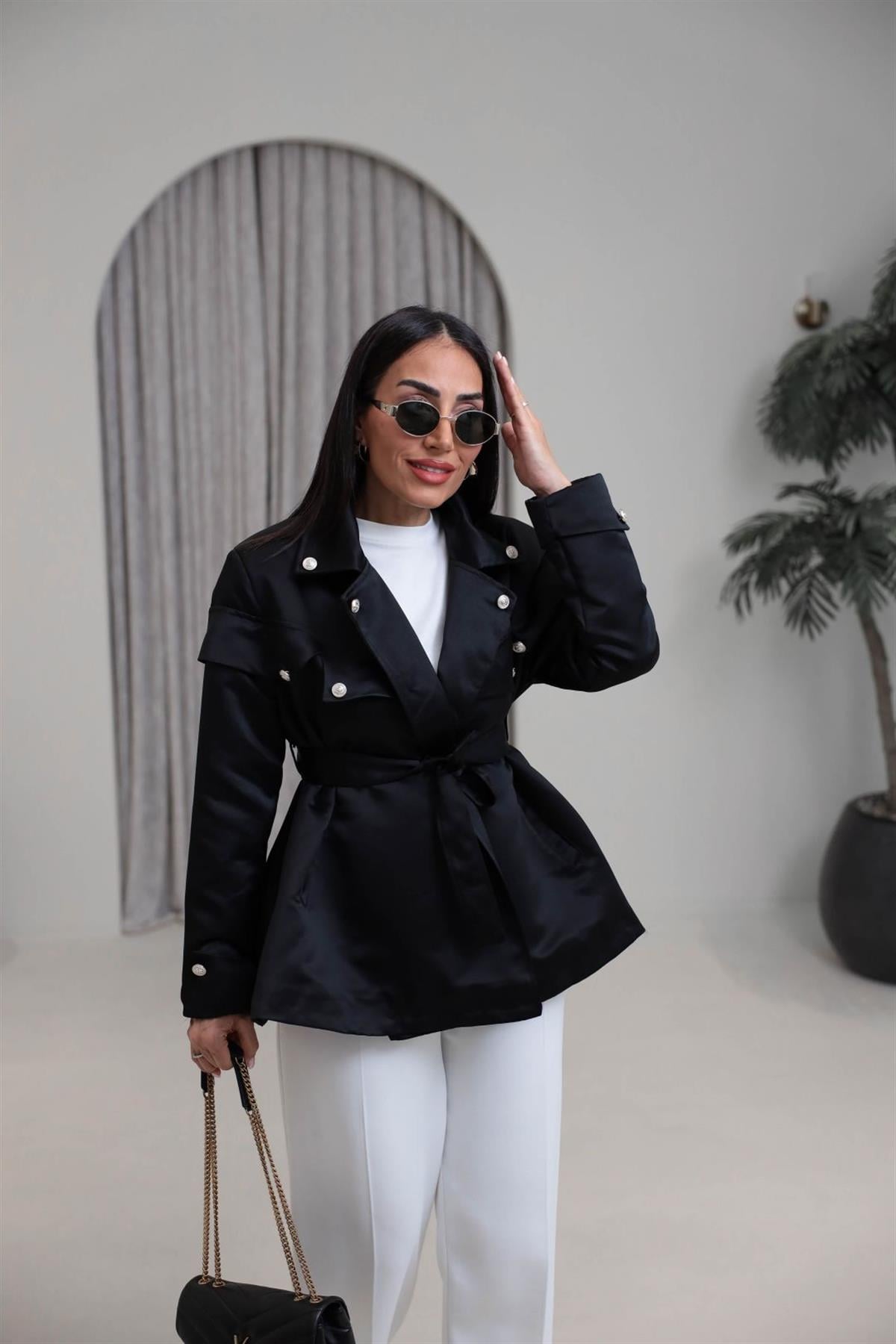 302 Gold Düğmeli Kuşaklı Saten Ceket SİYAH