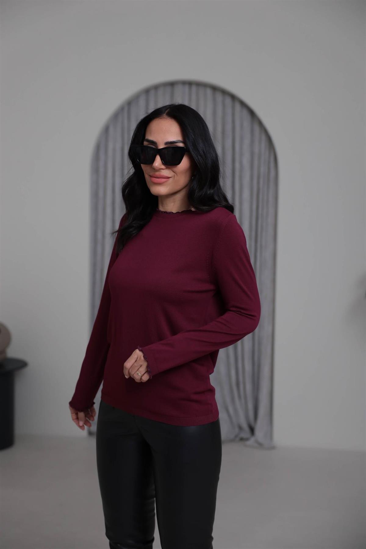 104 Yaka Kol Fırfır Detay Viskon Triko Bluz MÜRDÜM