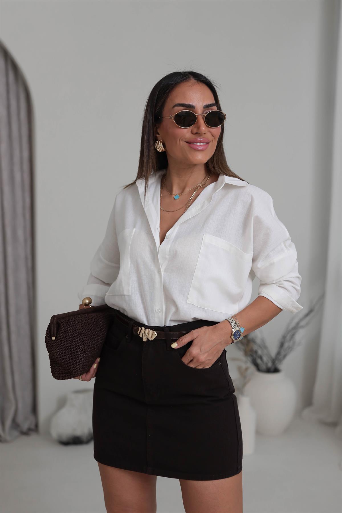 8057 Cep Detaylı Pamuklu Gömlek EKRU