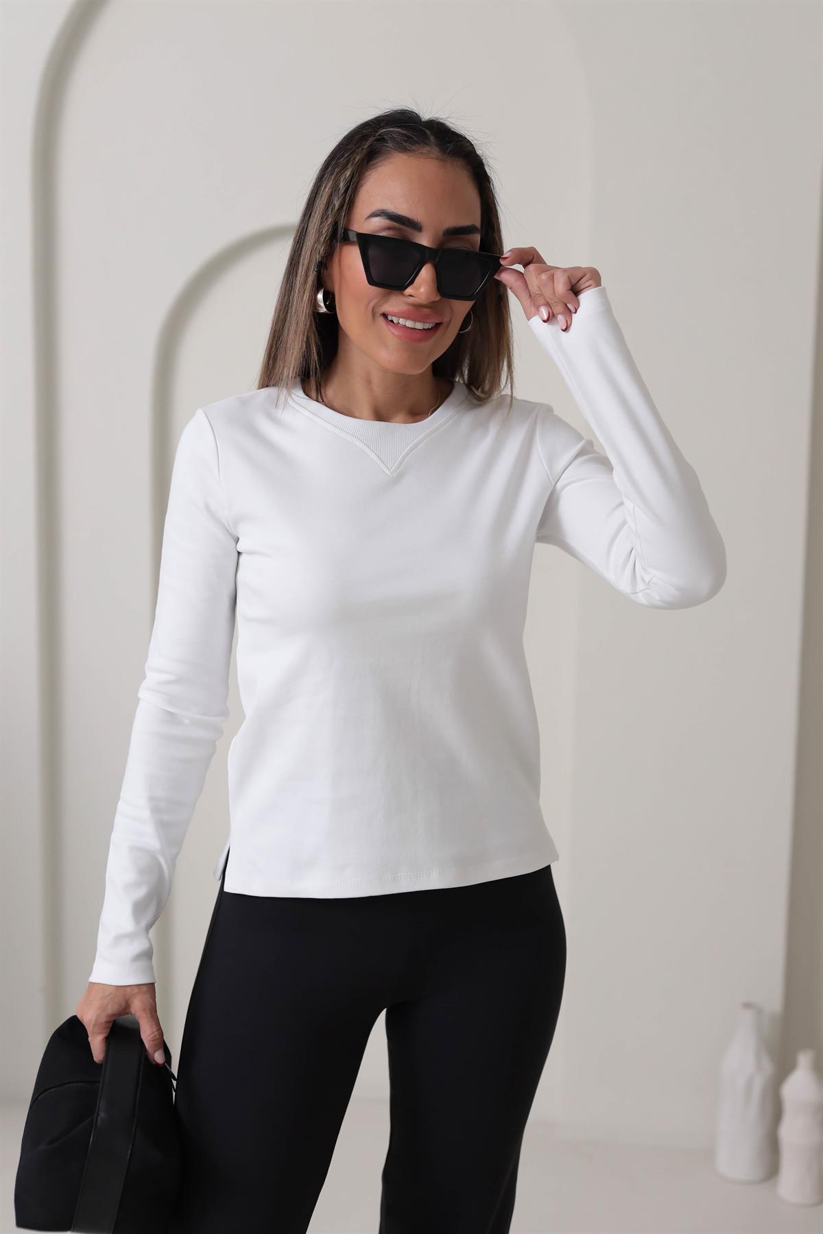 6364 Yaka Ribana Dikişli Uzun Kol Bluz BEYAZ