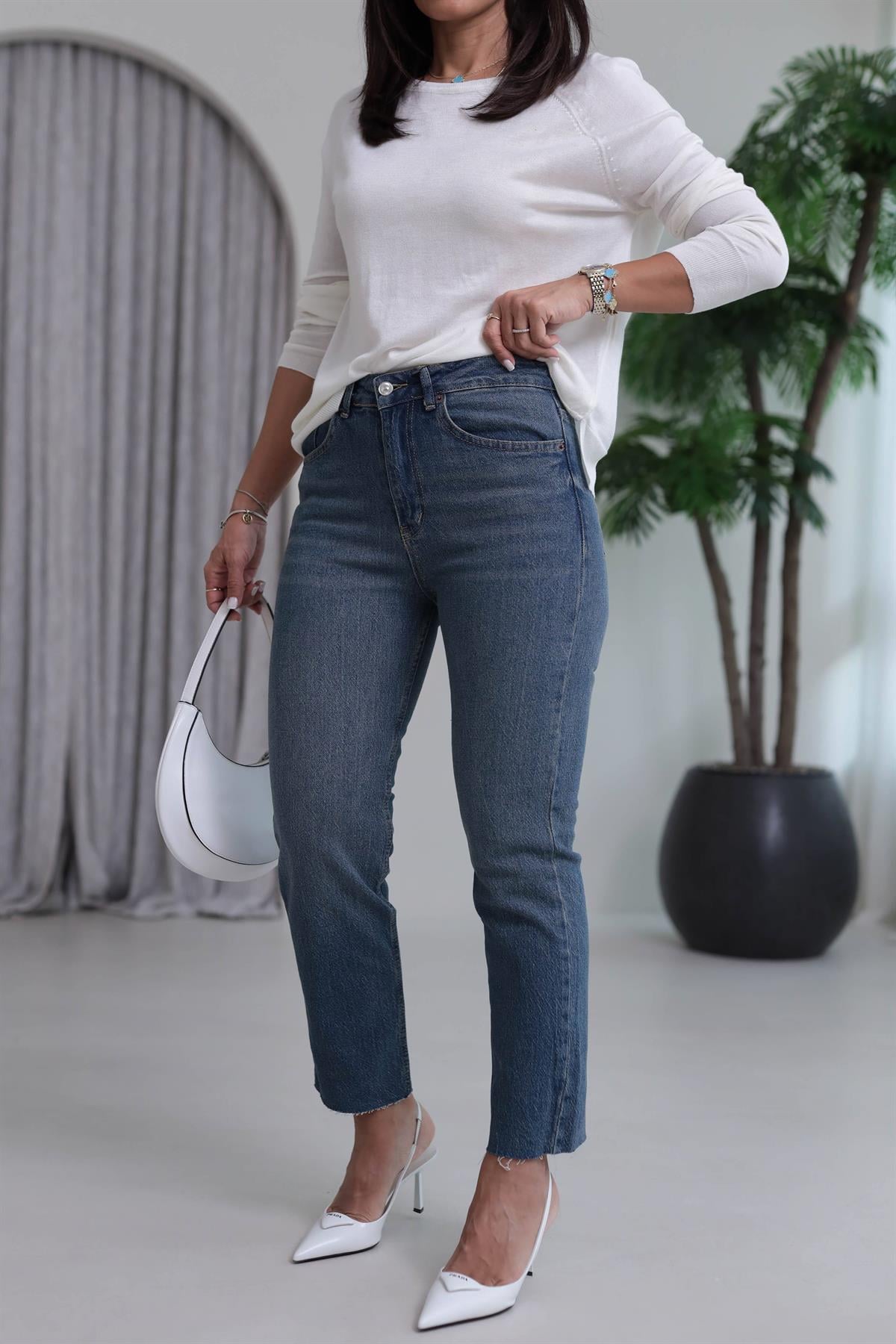 ZA Lazer Kesikli Boyfit Jean TİNTLİ MAVİ