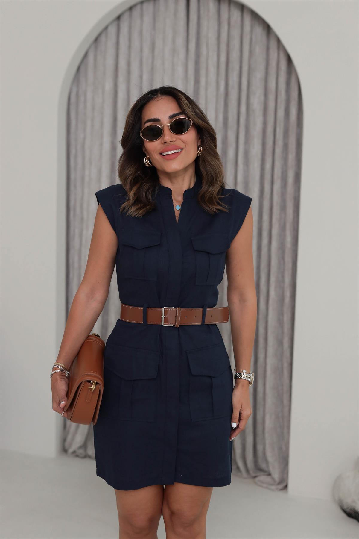 DXB 8100 Dört Cepli Kemerli Keten Elbise LACİVERT