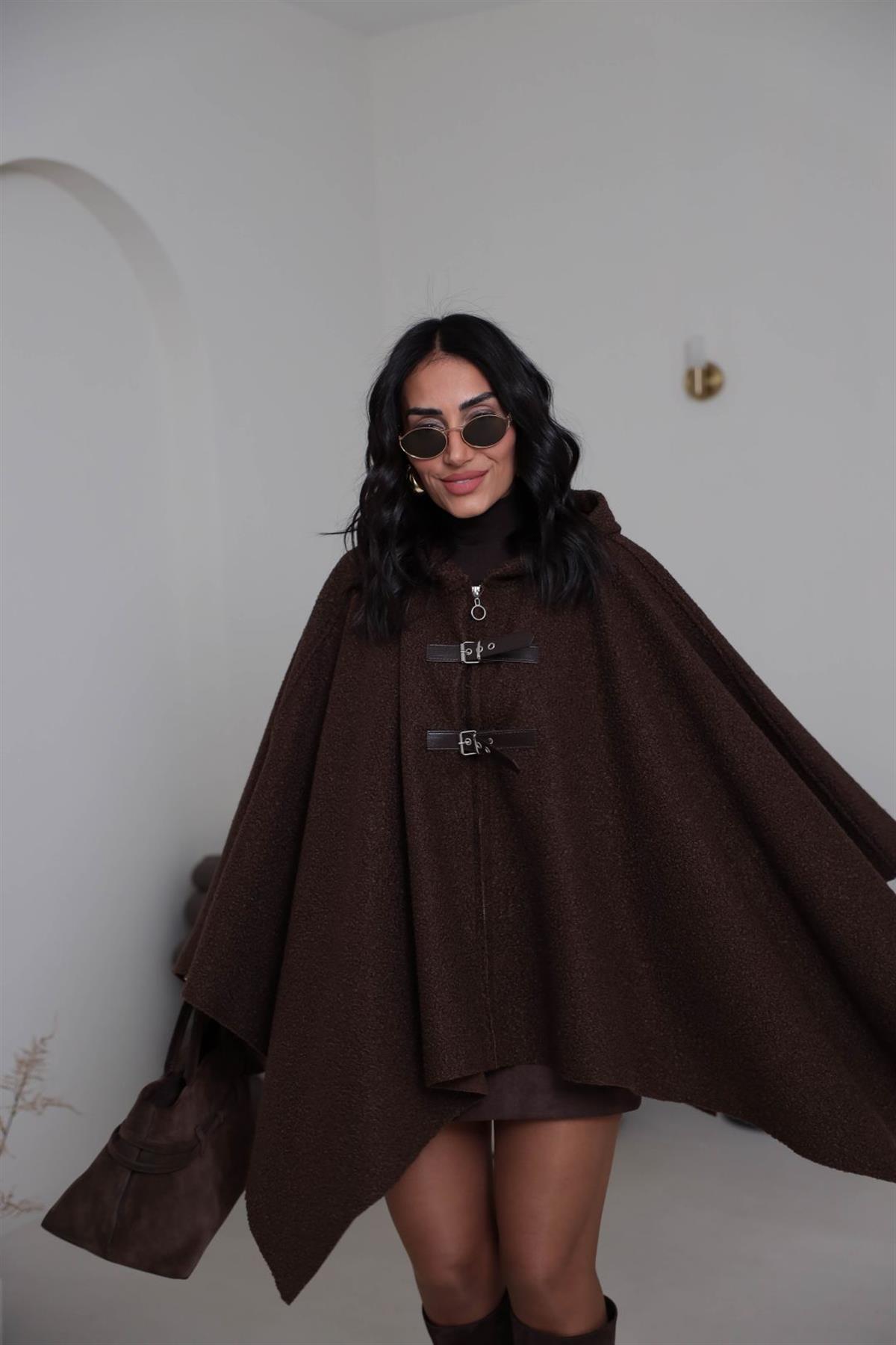 9175 Kemer Detay Kapşonlu Buklet Panço KAHVE