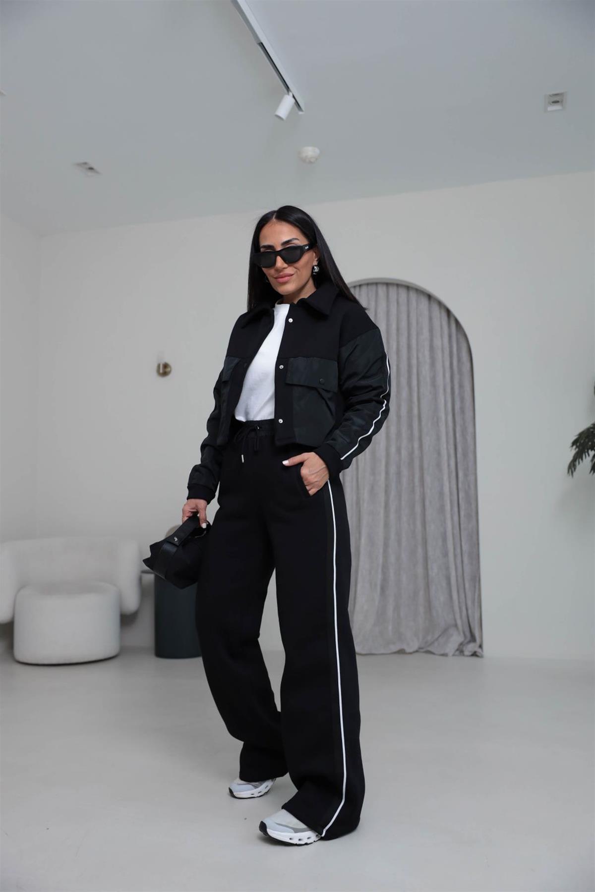 4076 Paraşüt Garnili 3 İplik Polo Yaka Çıtçıtlı Takım SİYAH