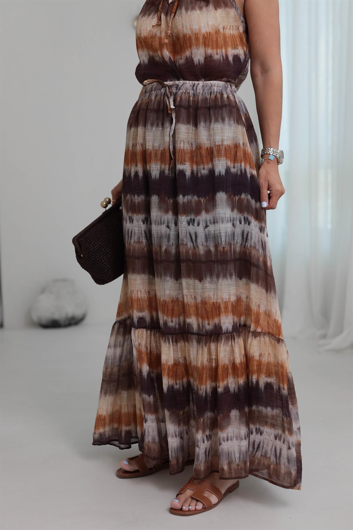 2141 Bel Lastikli Batik Maxi Etek KAHVE
