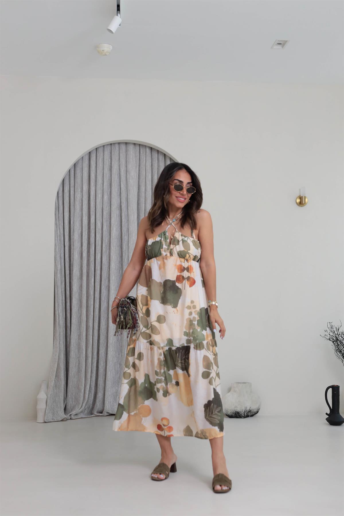 3771 Boyundan Bağlamalı Midi Elbise HAKİ YEŞİL