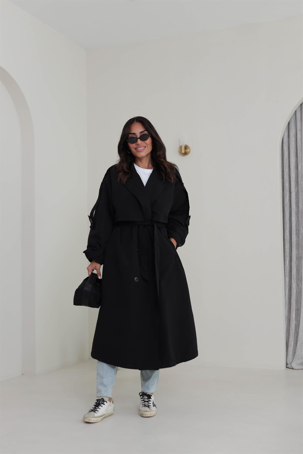 2020 Apoletli Kuşaklı Uzun Trençkot SİYAH