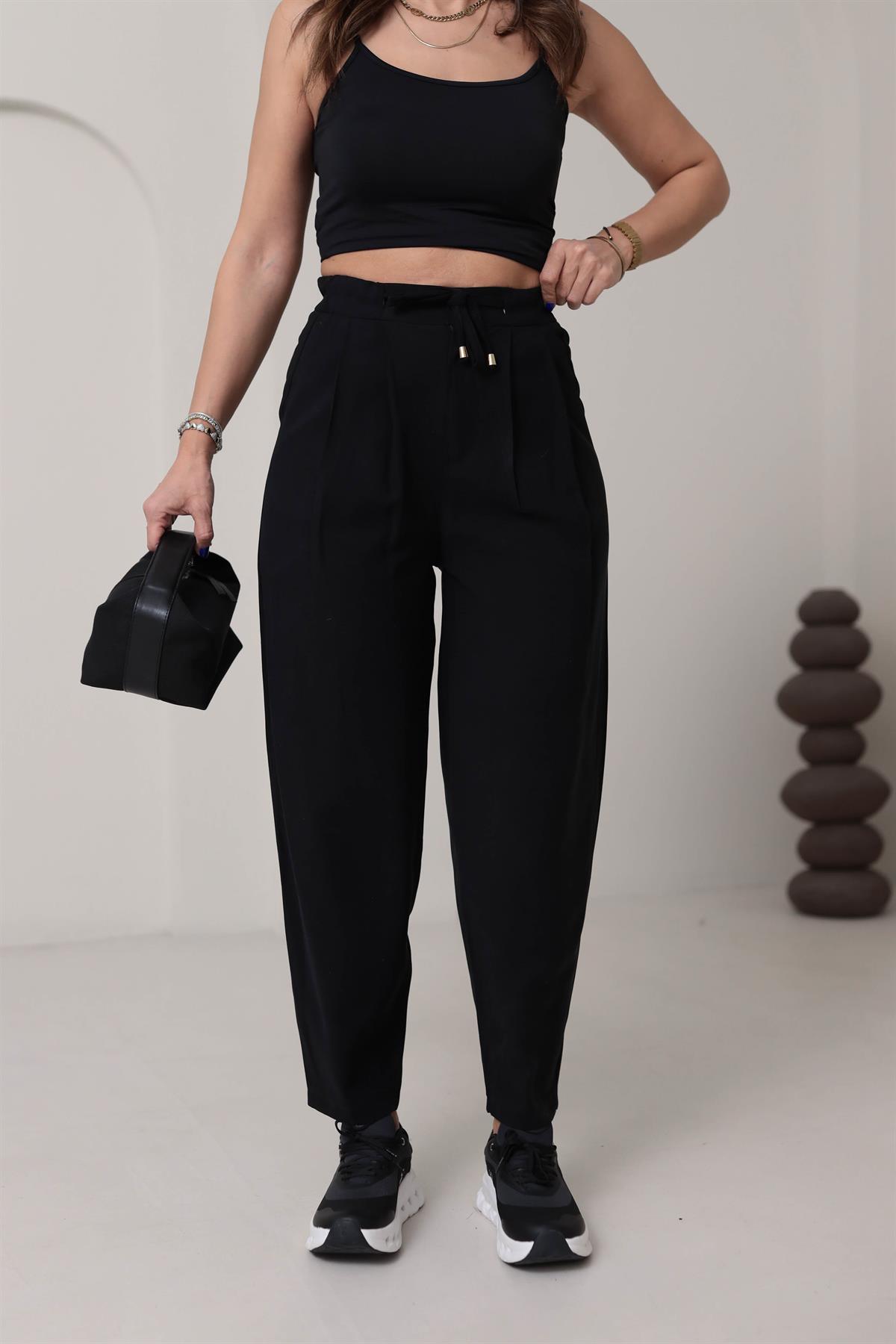 0266 Önden Bağcıklı Tencel Kumaş Havuç Pantalon SİYAH