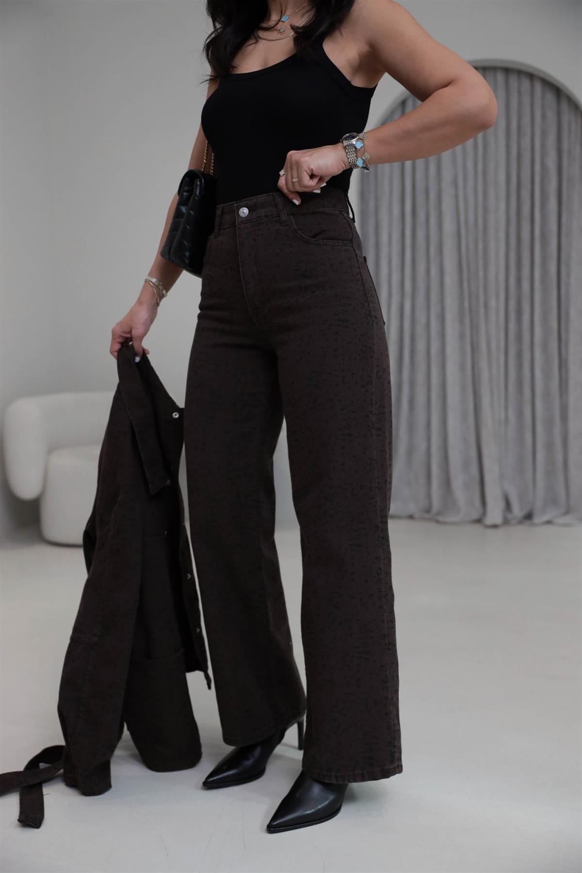 0248 Leopar Desen Düz Paça Jean Pantolon KAHVE