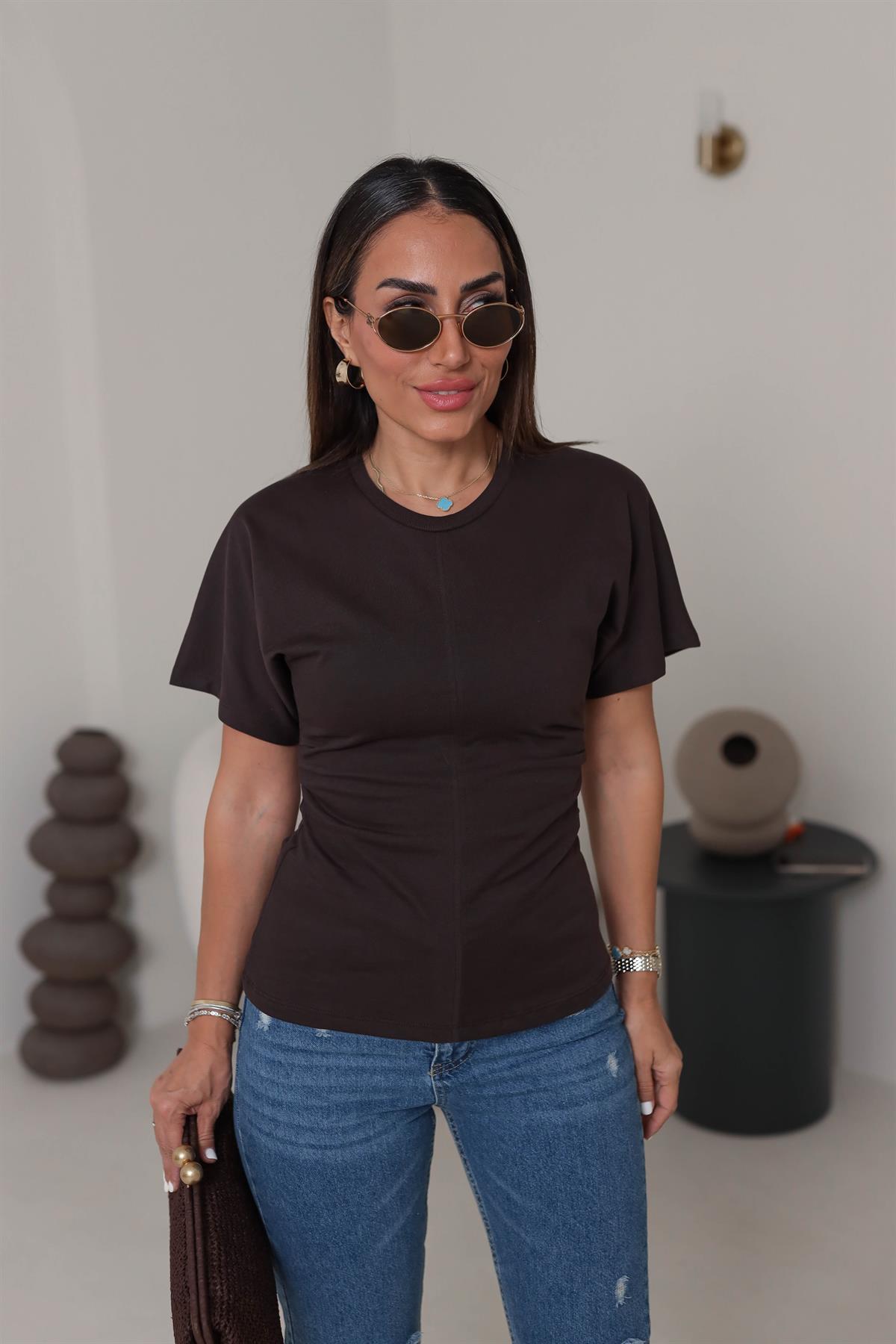 1585 Drape Detay Pamuklu Tshirt ACI KAHVE