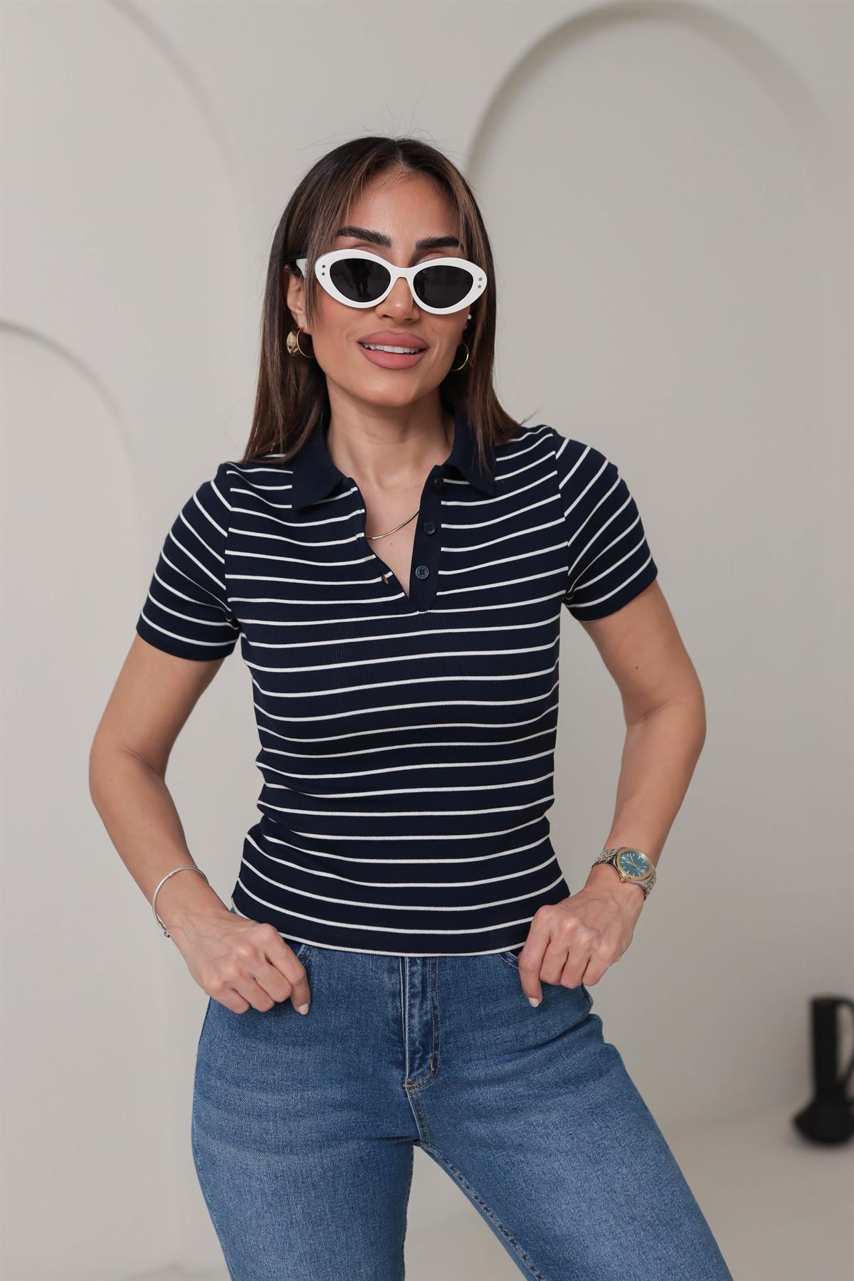 1464 Polo Yaka Çizgili Kısa Kol Triko LACİ-BEYAZ