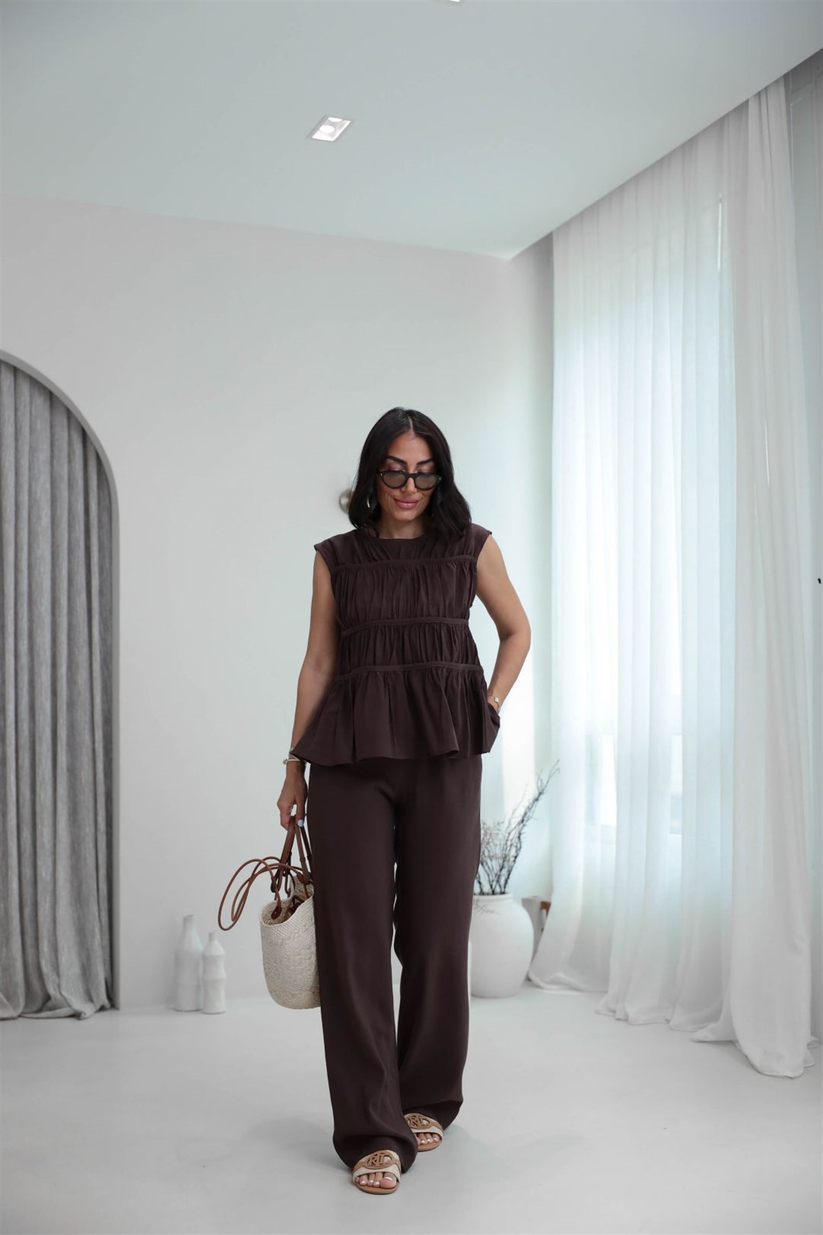 0483 Kat Kat Dikiş Detaylı Tencel Takım KAHVE