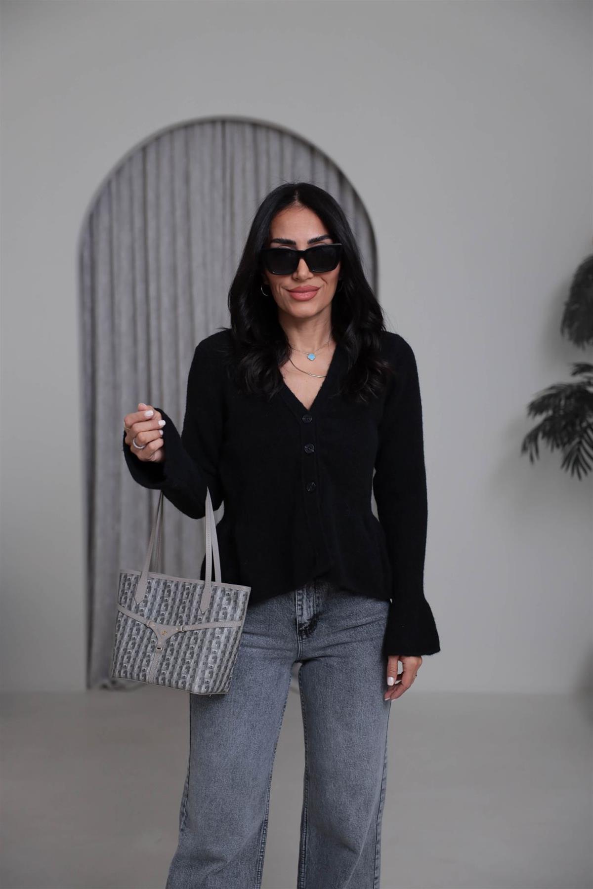 4930 V Yaka İspanyol Kol Peplum Hırka SİYAH