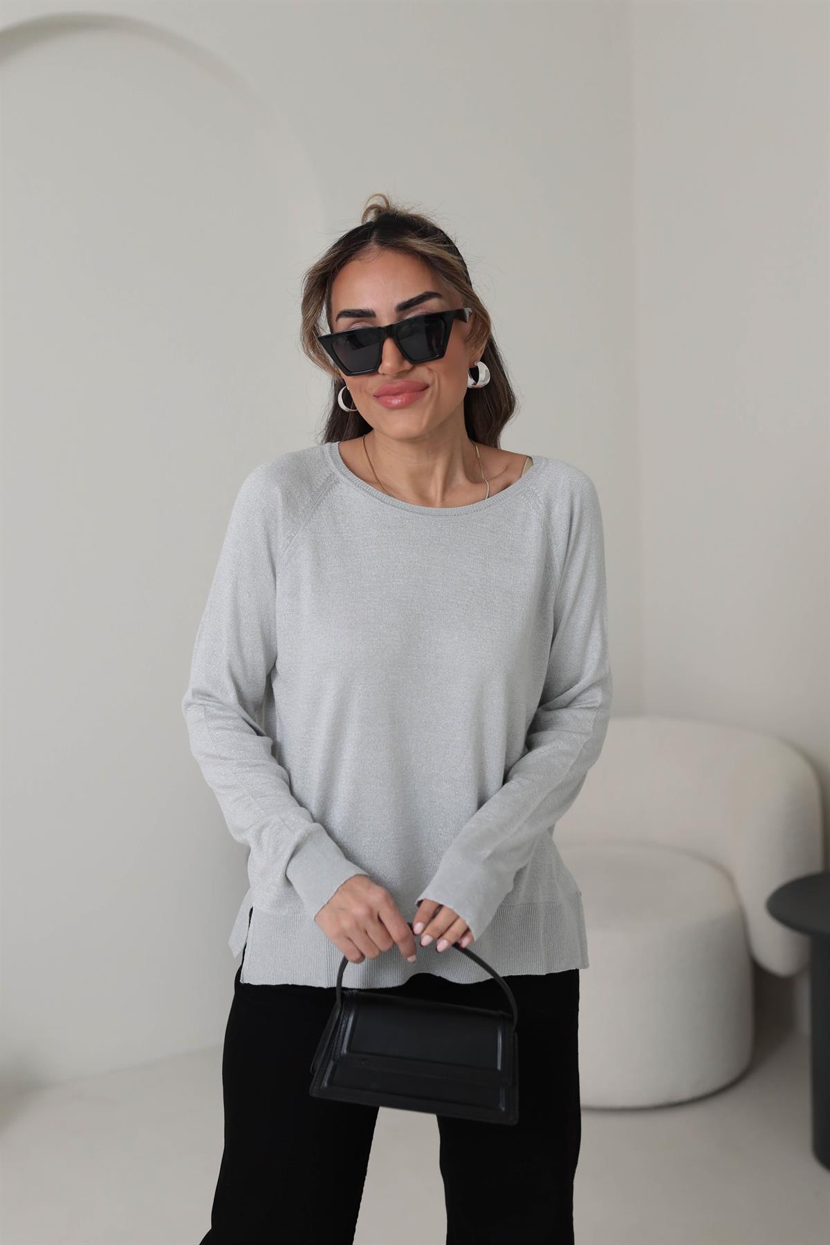 0557 Bisiklet Yaka Simli Basic İnce Triko AÇIK GRİ