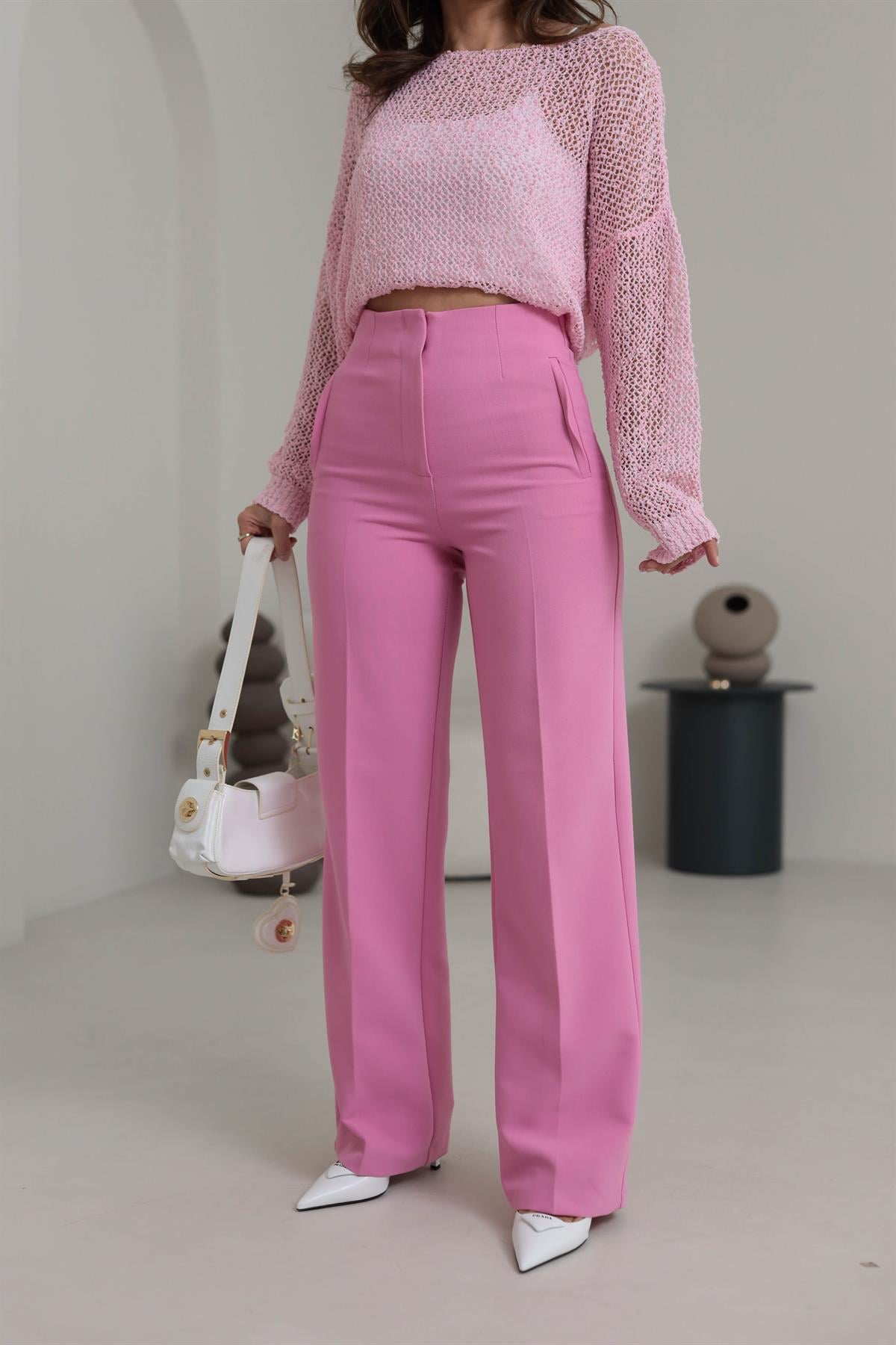 2001 Pensli Yüksek Bel Palazzo Pantolon PEMBE