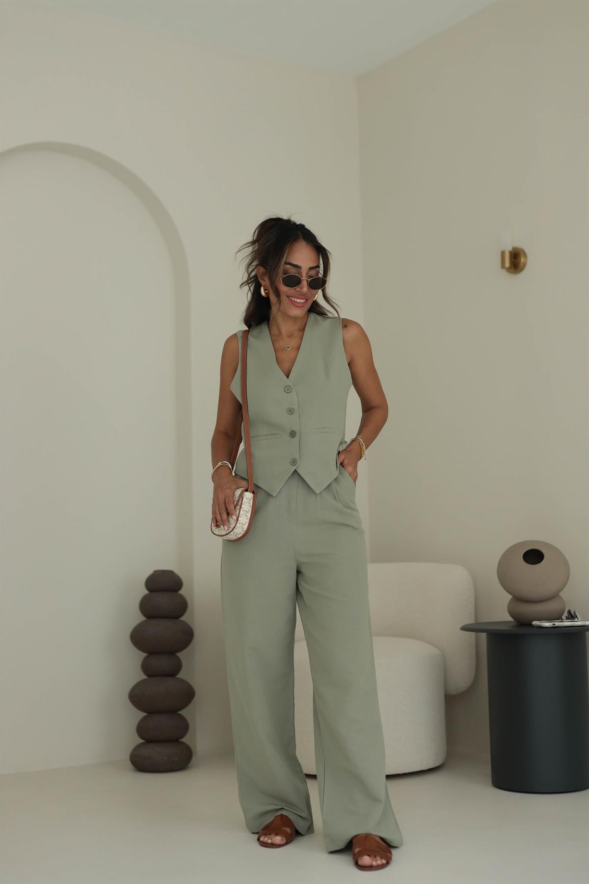 9257 Keten Yelek Pantolon Takım HAKİ YEŞİL