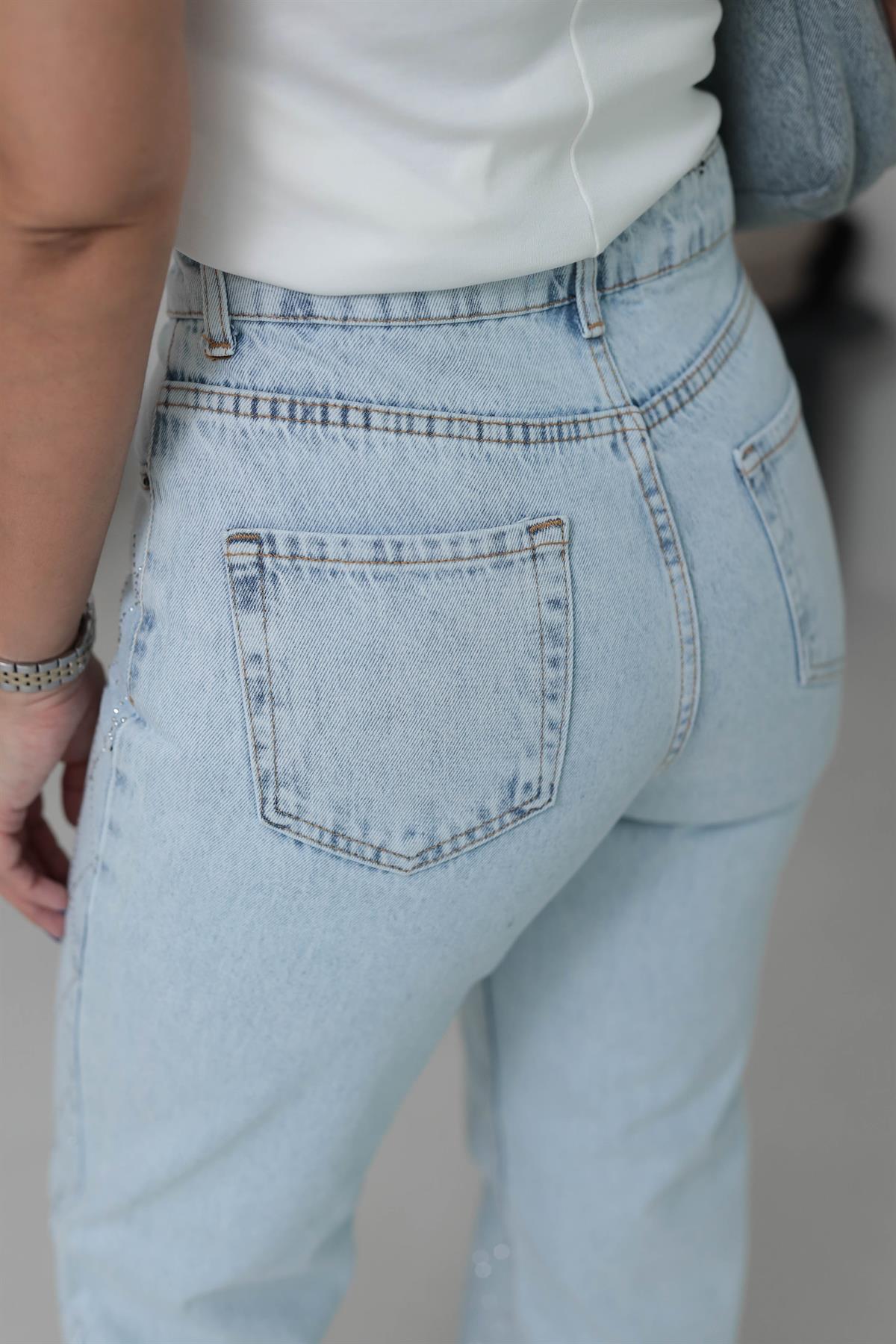 460 Baklava Desen Taş İşlemeli Pantolon BUZ MAVİ