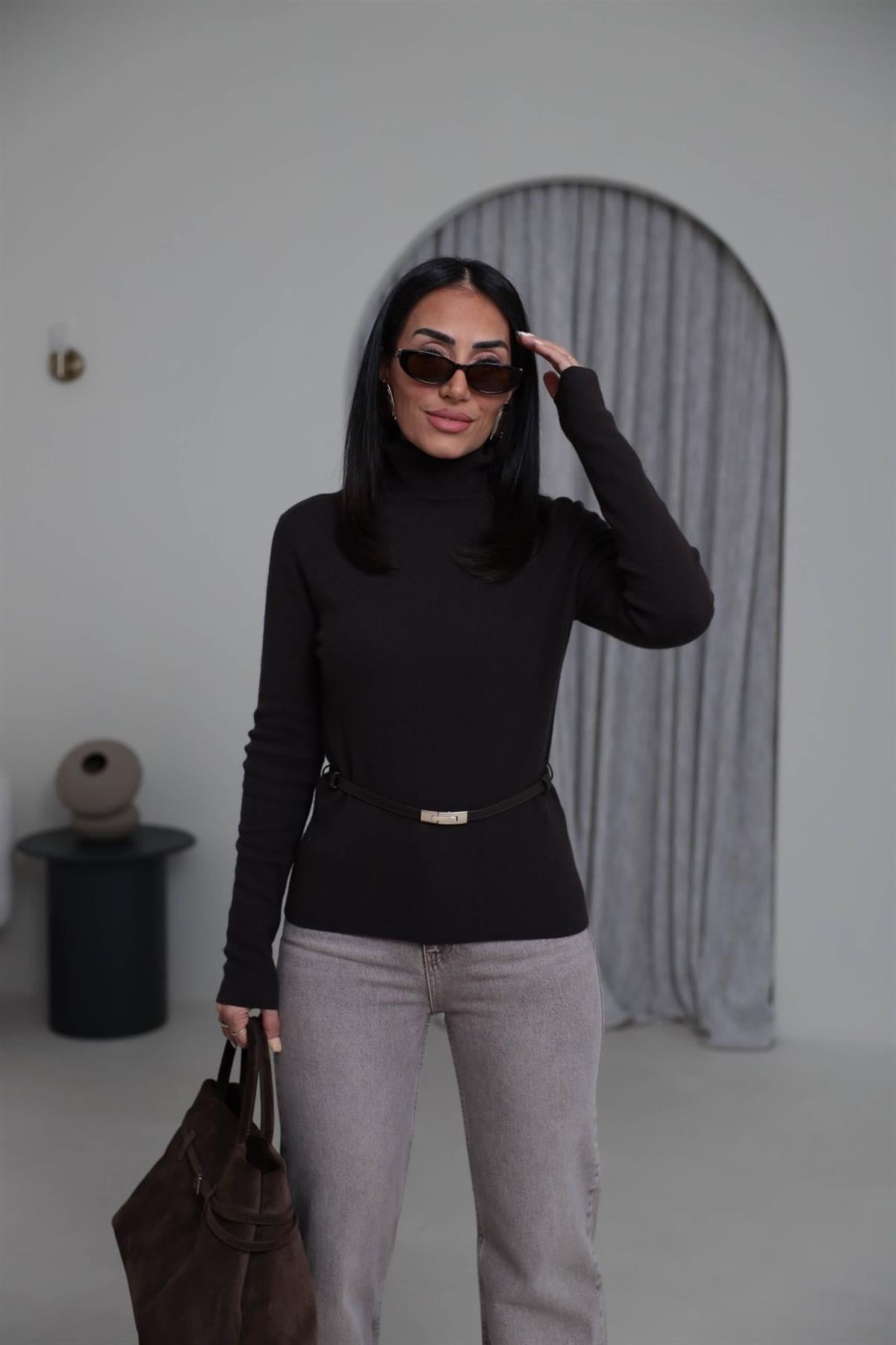 0861 Balıkçı Yaka Kaşmirli Kemerli Kazak KAHVE