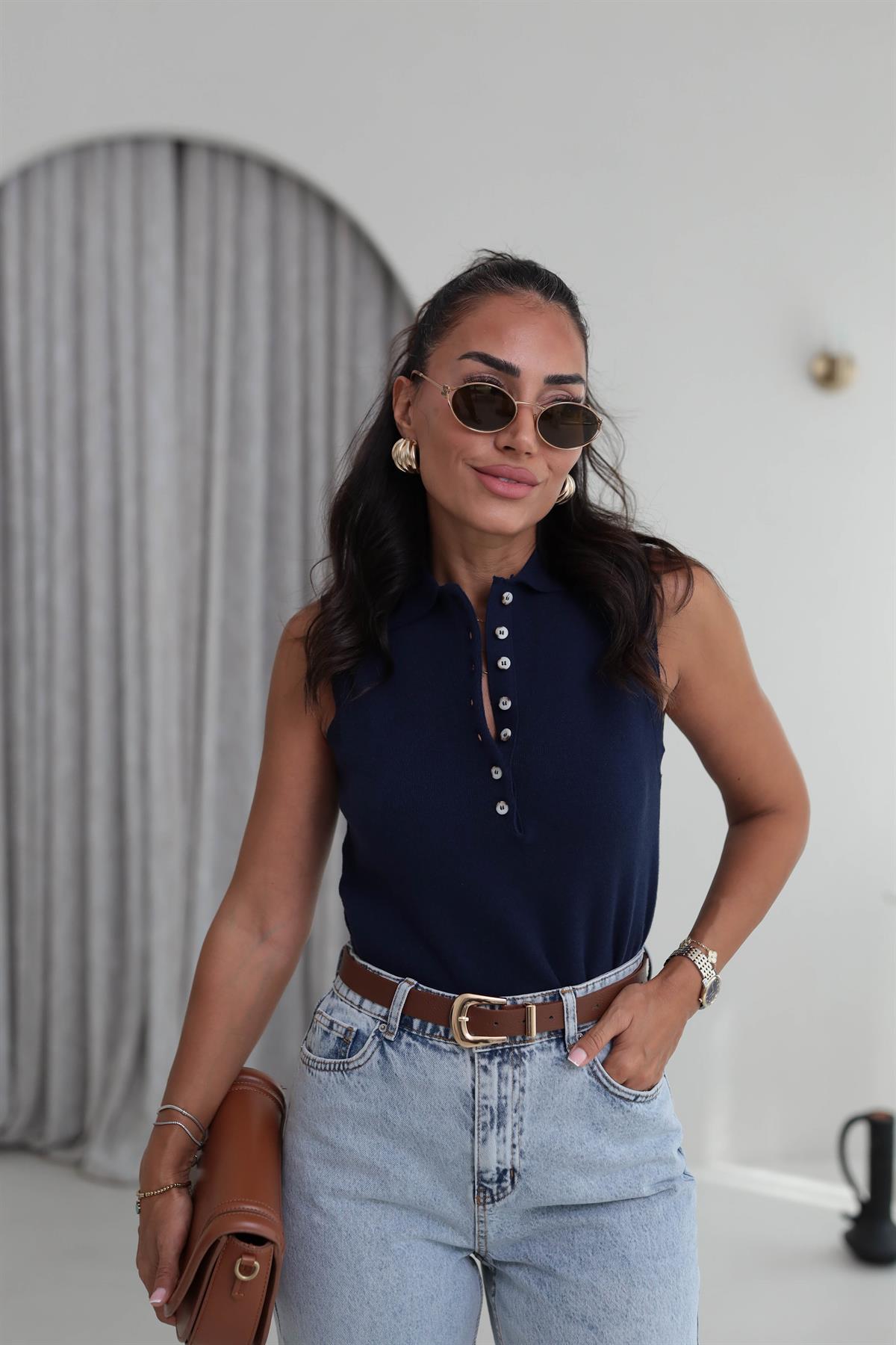 Polo Yaka Yarım Düğmeli Süveter LACİVERT