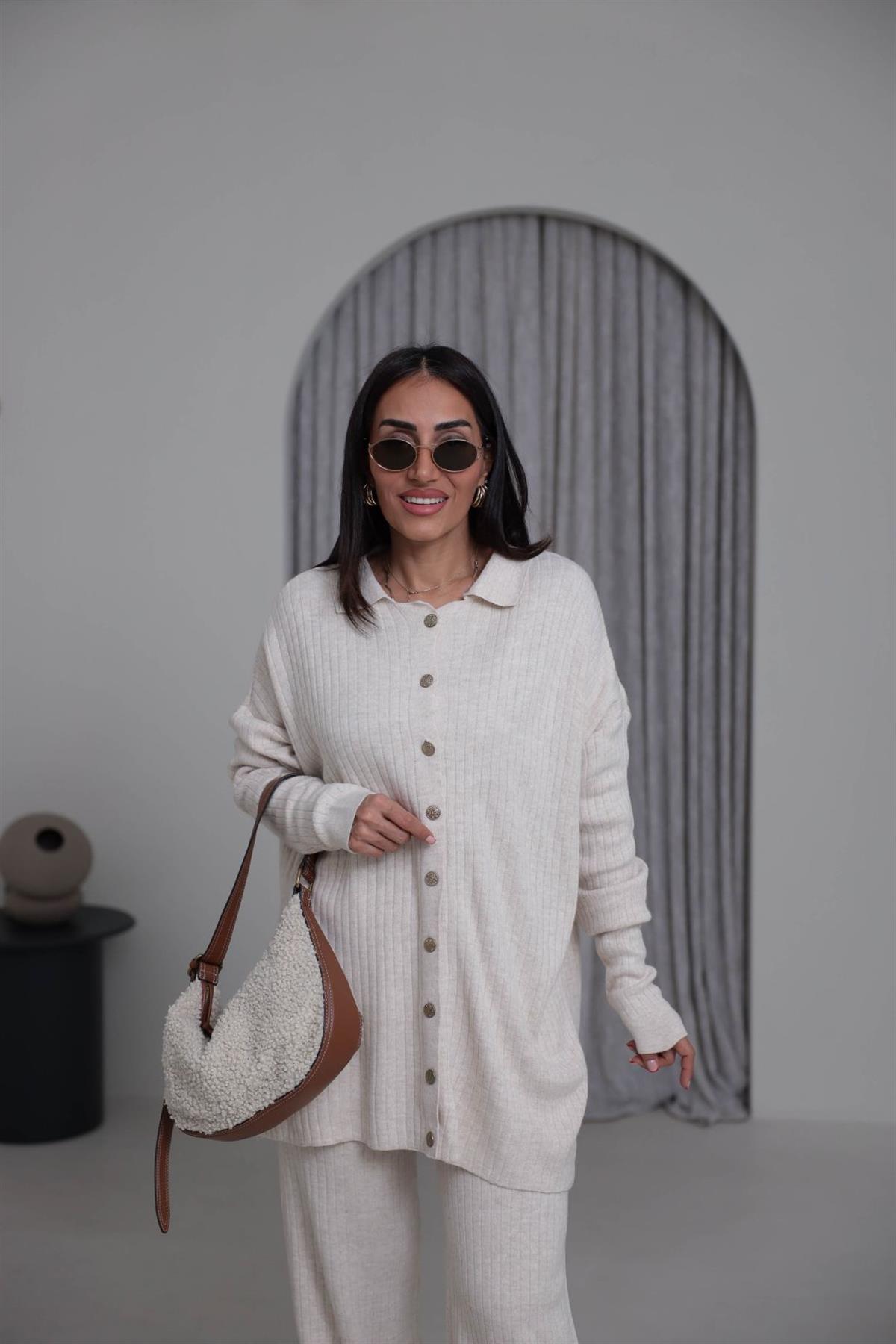 0017 Polo Yaka Düğmeli Triko Takım KREM