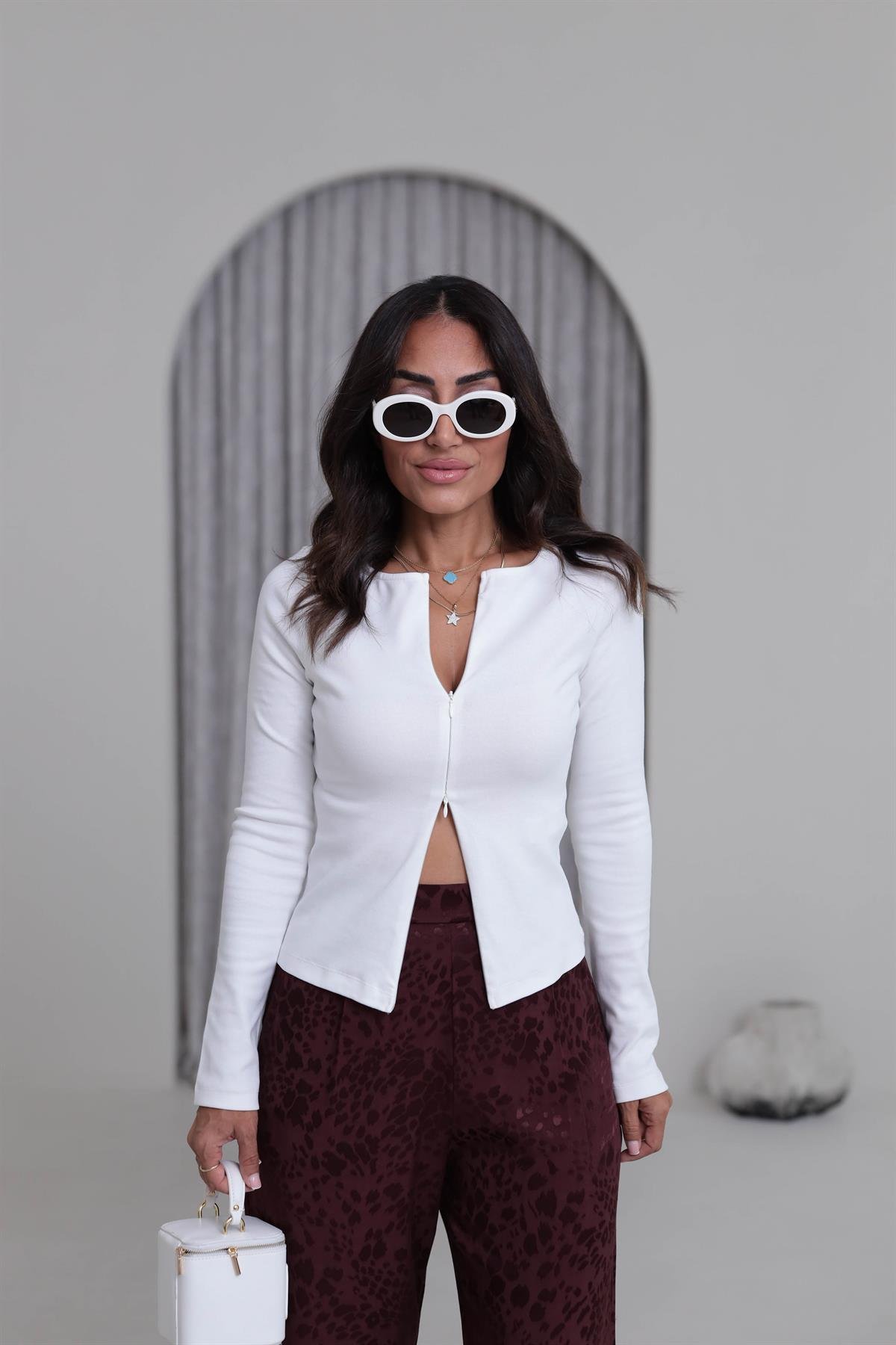 1993 Fermuar Detaylı Uzun Kollu Bluz EKRU