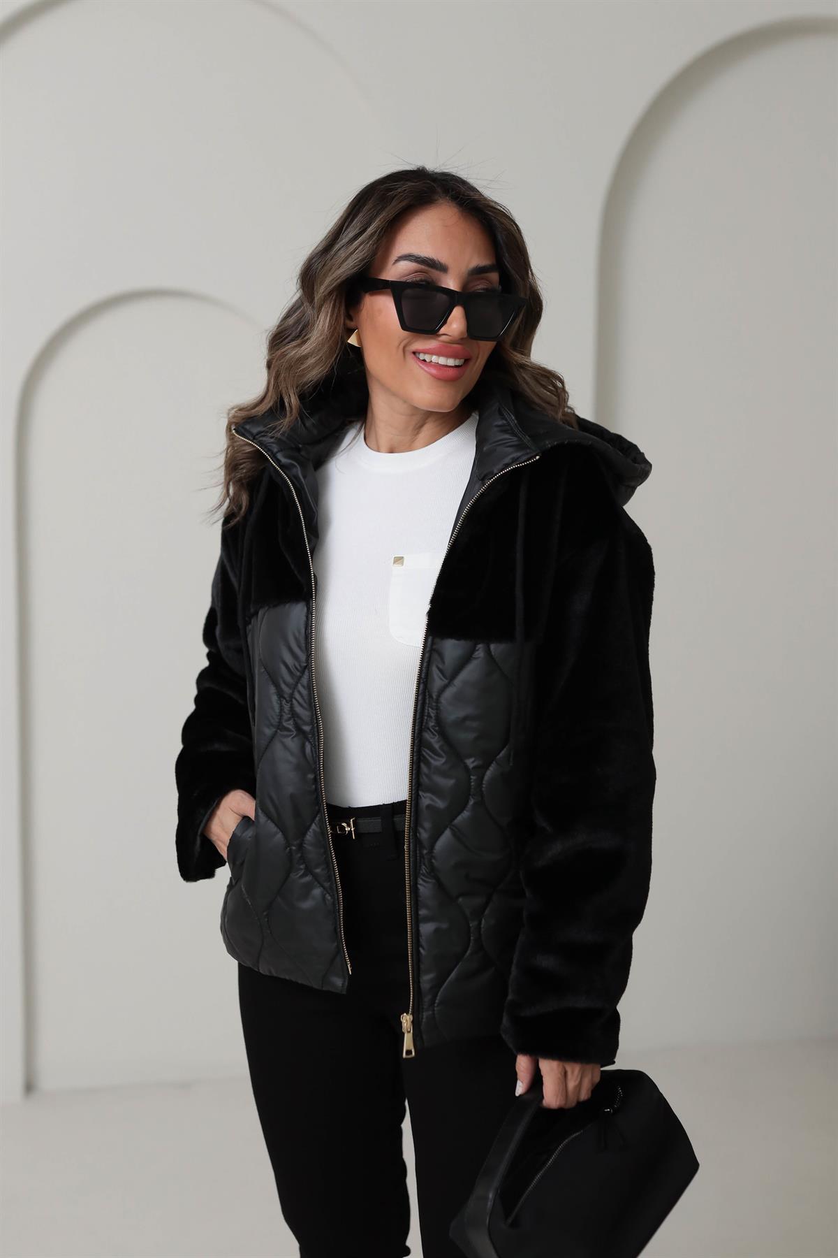 M09 Kürk Garnili Kapşonlu Kapitone Mont SİYAH