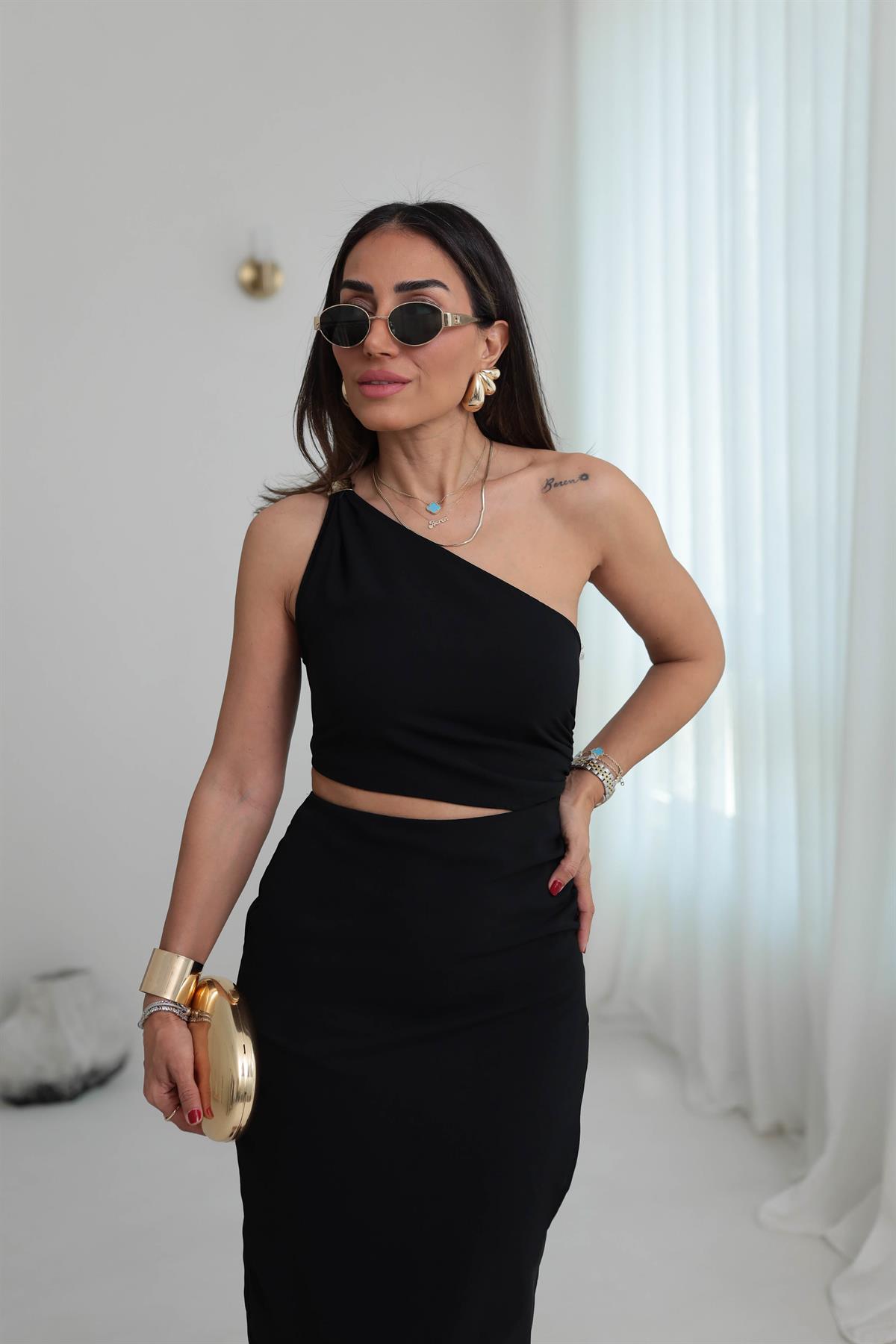 6444 Asimetrik Pencere Detay Elbise SİYAH