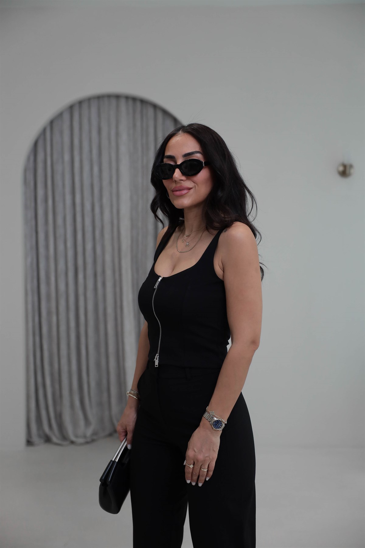 1978 Kalın Askılı Fermuarlı Pamuklu Bluz SİYAH