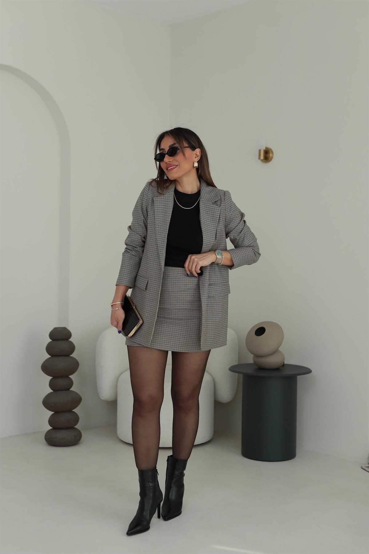 Kazayağı Desenli Etek BEJ-KAHVE