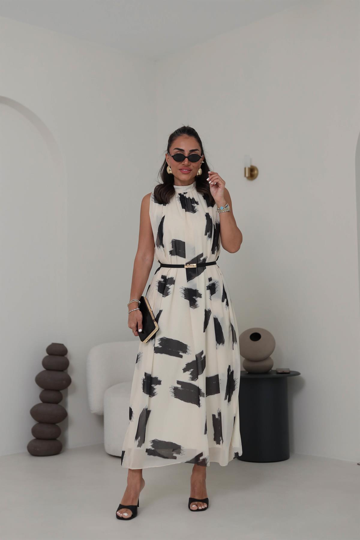 6319 Boyundan Bağlamalı Desenli Şifon Elbise KREM-SİYAH