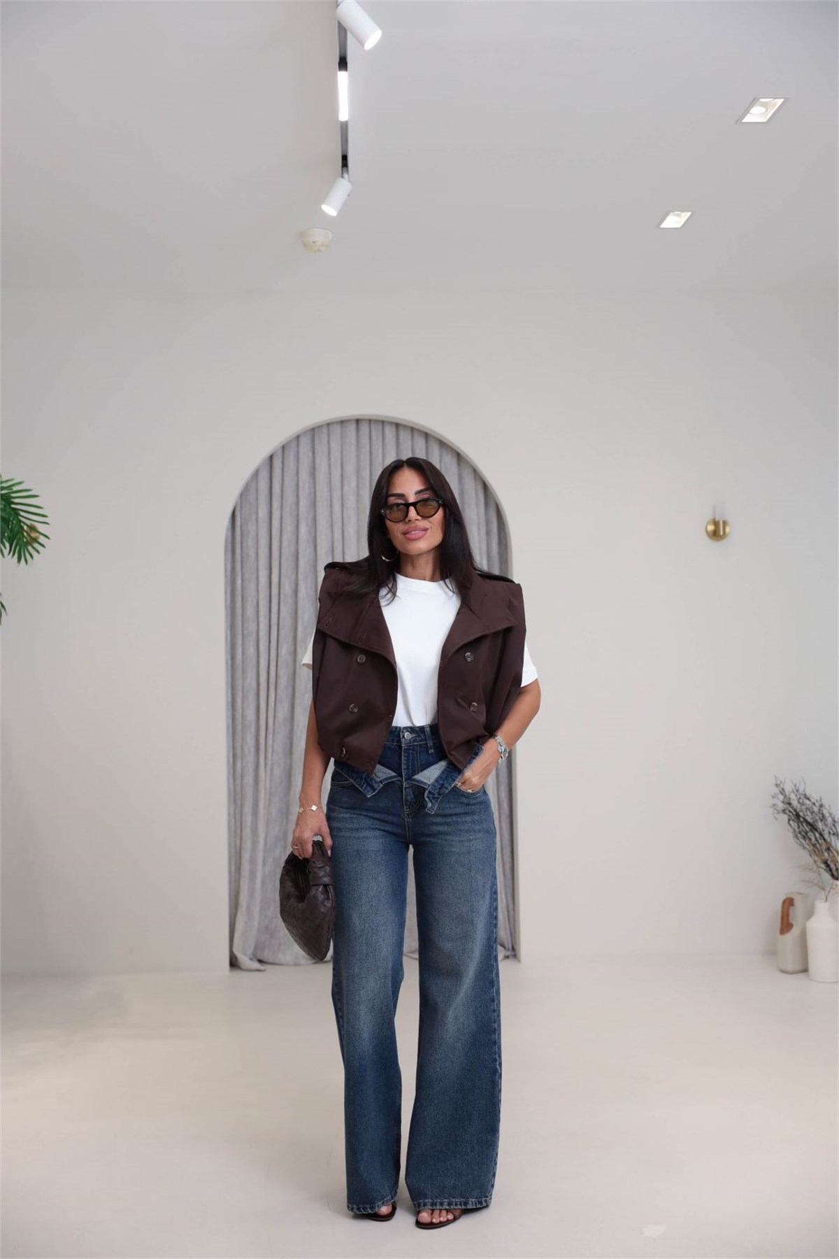 1065 Asimetrik Bel Detaylı Palazzo Denim Pantolon TİNTLİ MAVİ