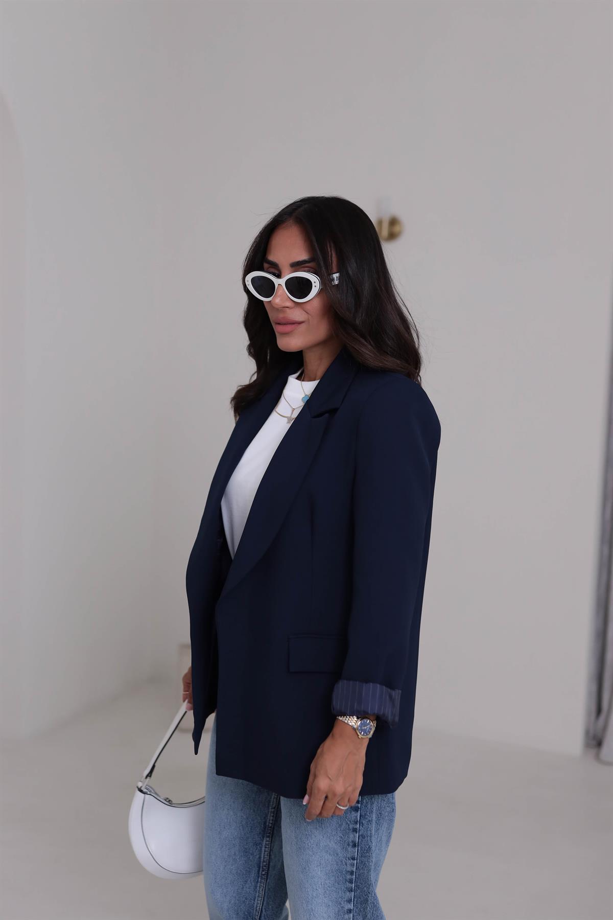 7560 Kol Katlamalı Cep Detaylı Astarlı Ceket LACİVERT