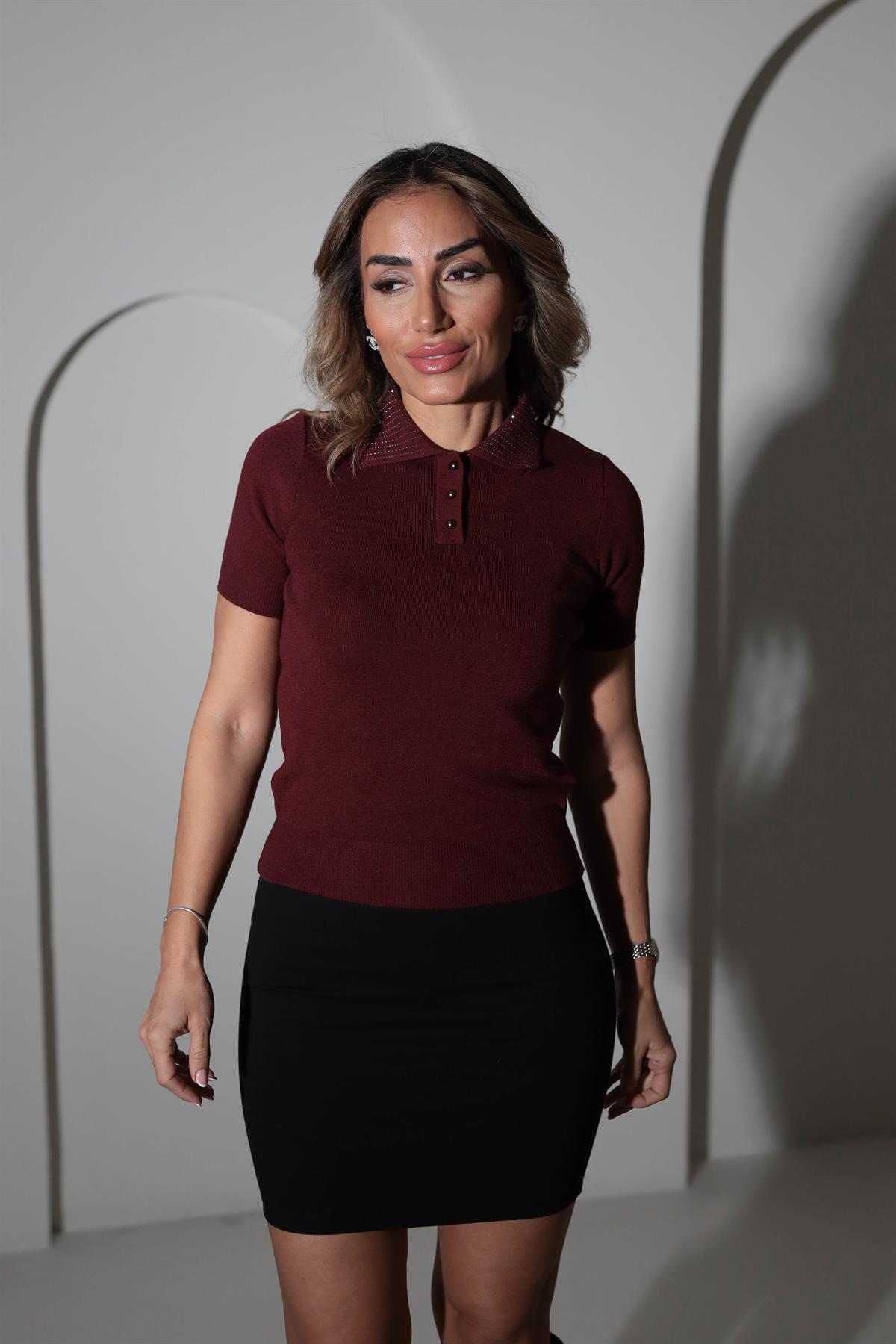TK01 Polo Yaka Taşlı Kısa Kol Triko BORDO