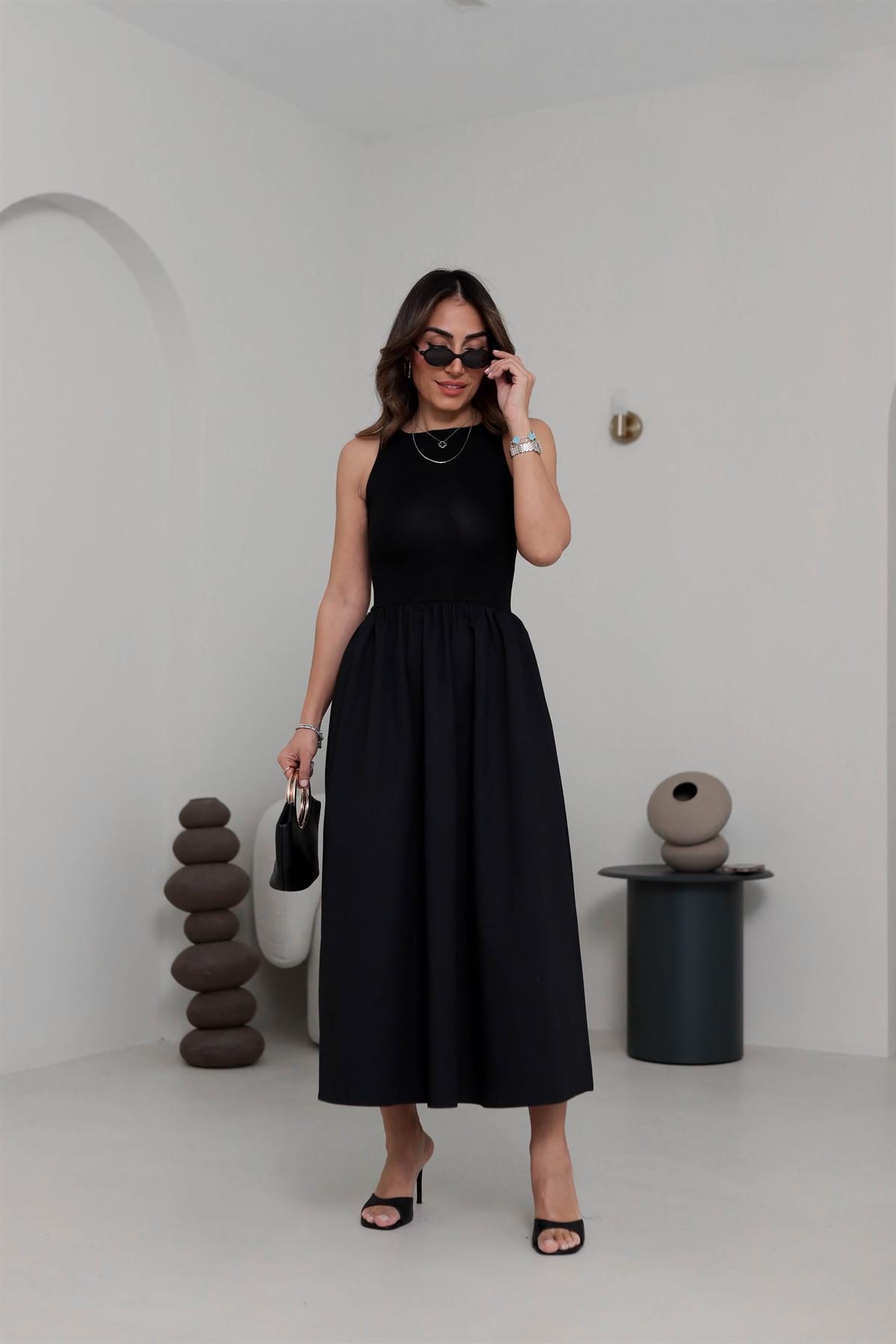 2068 Sıfır Kol Parçalı Poplin Elbise SİYAH