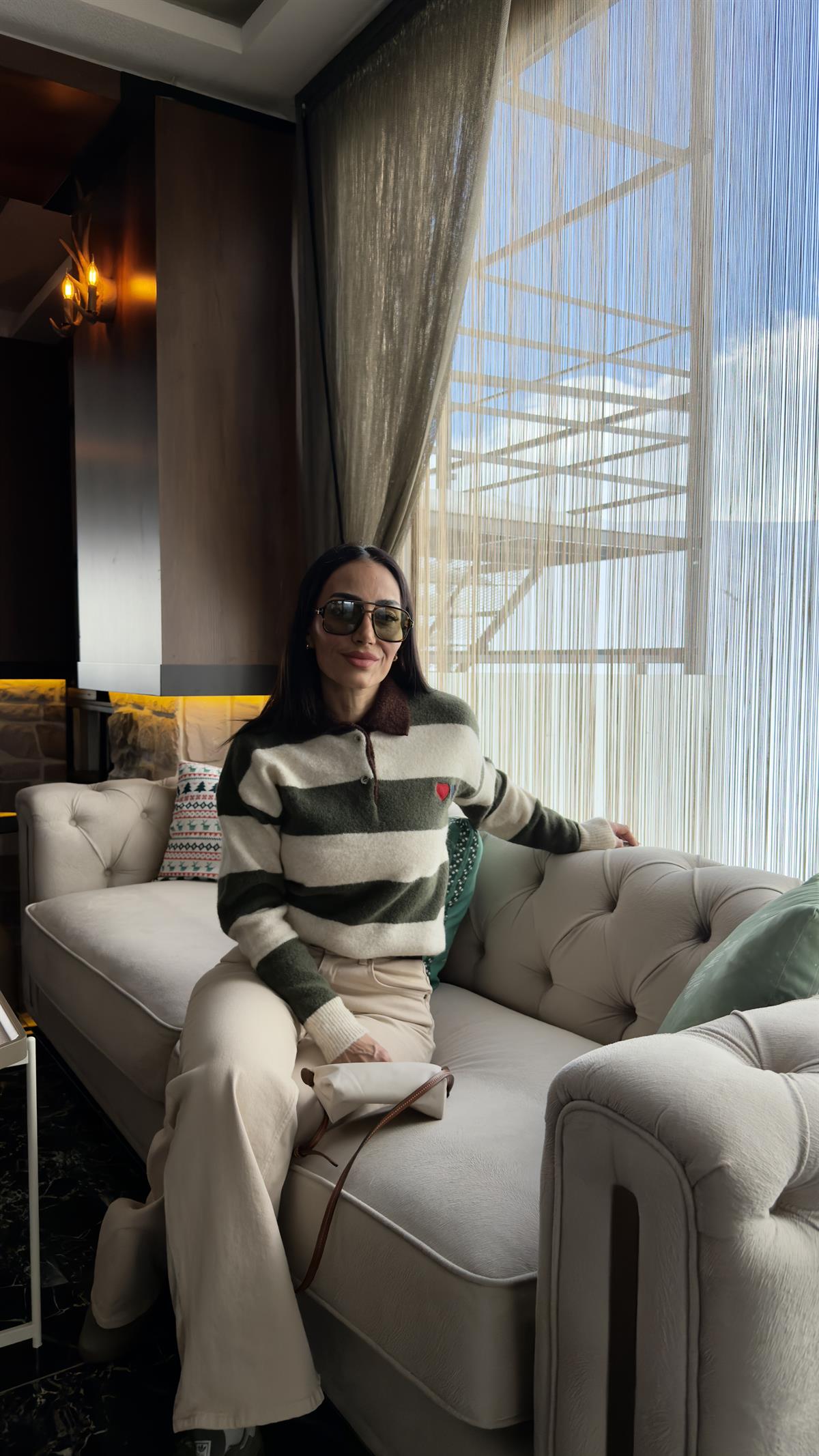 0139 Polo Yaka Düğmeli  Kalp Baskılı Triko Kazak YEŞİL