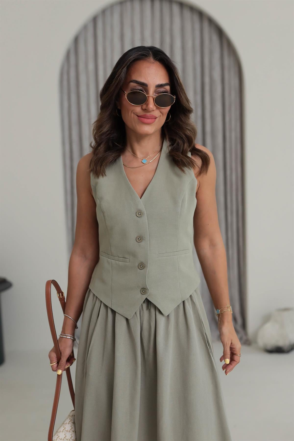 1144 Arka Toka Detay Terni Yelek HAKİ YEŞİL