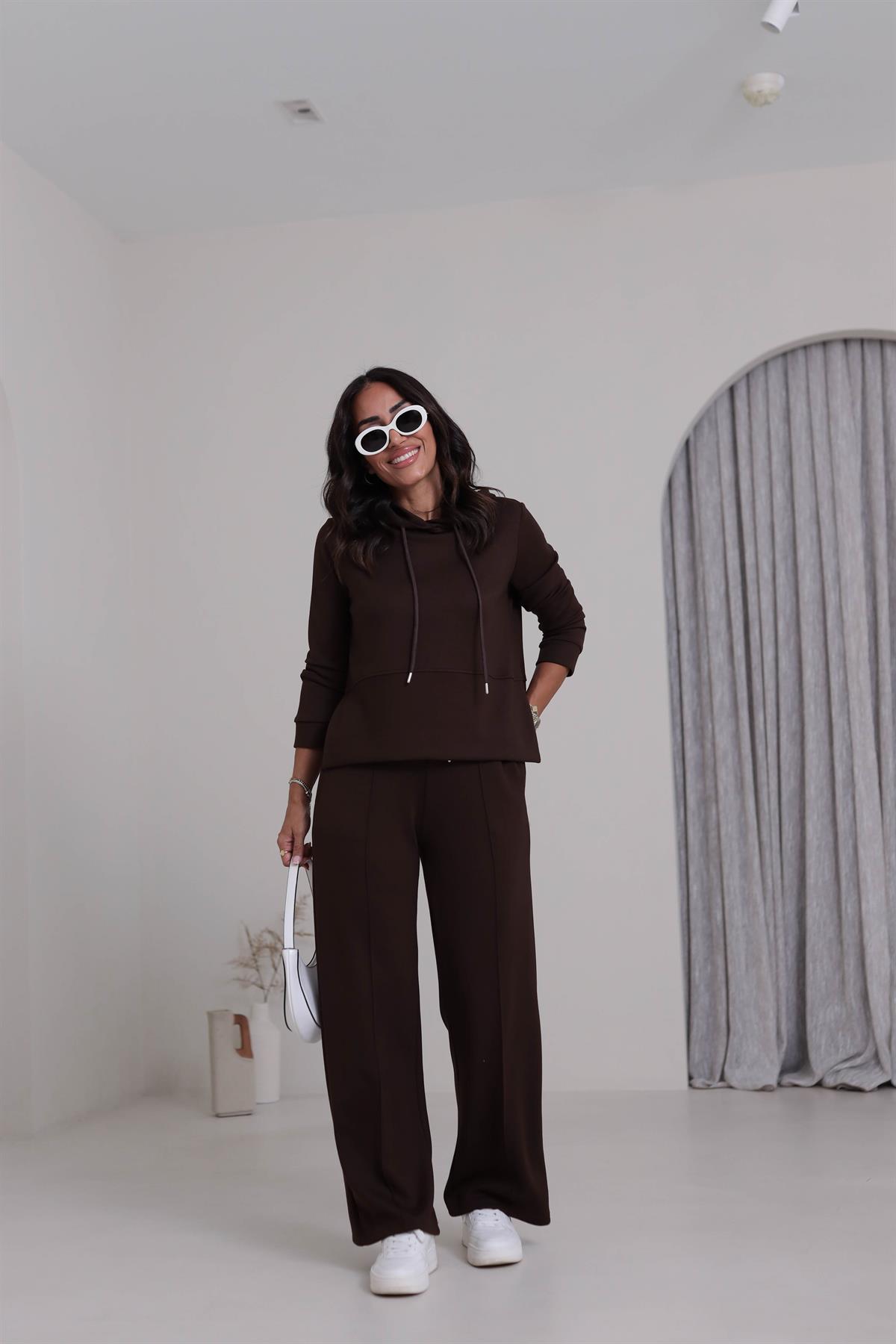 7327 Kapşonlu Yırtmaçlı Çimalı Modal Takım KAHVE