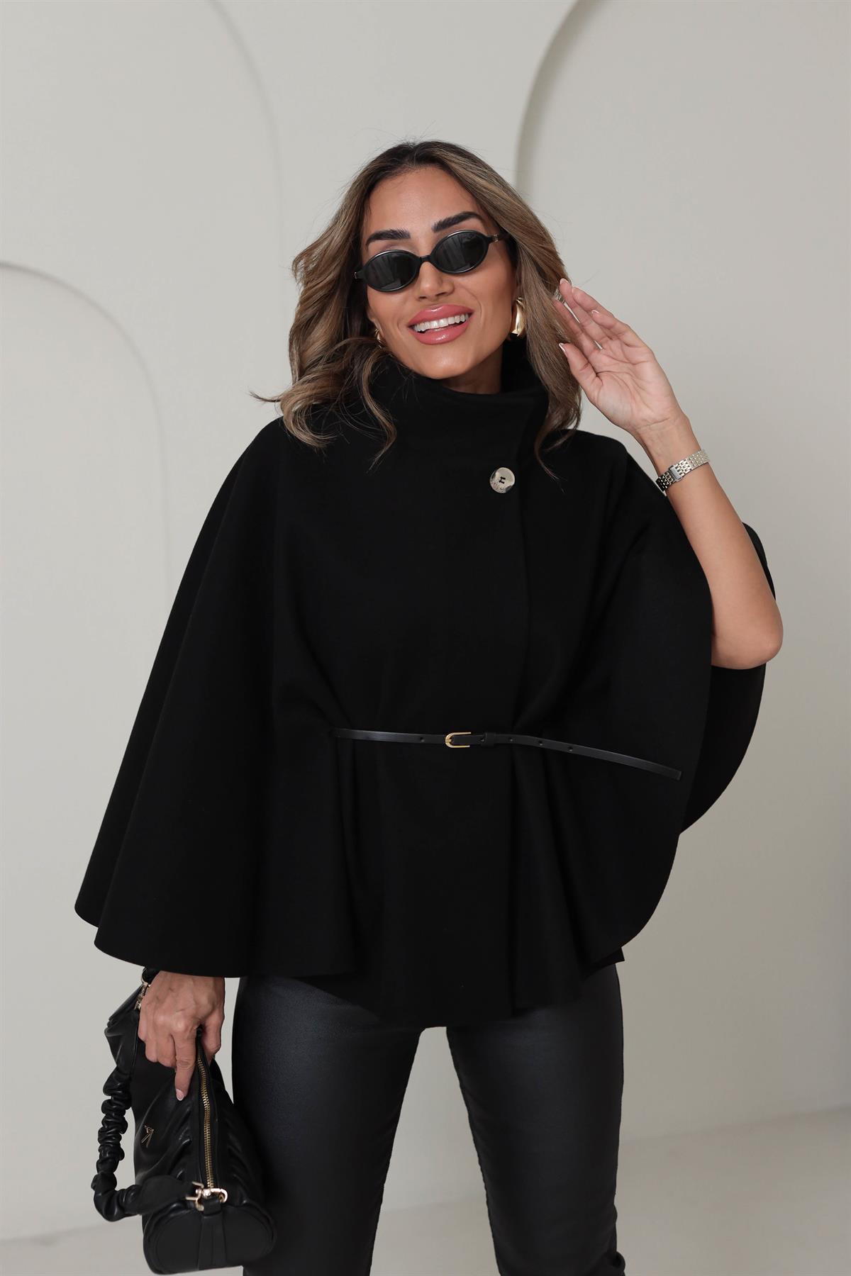 80167 Kemerli Dik Yaka Kaşe Panço SİYAH