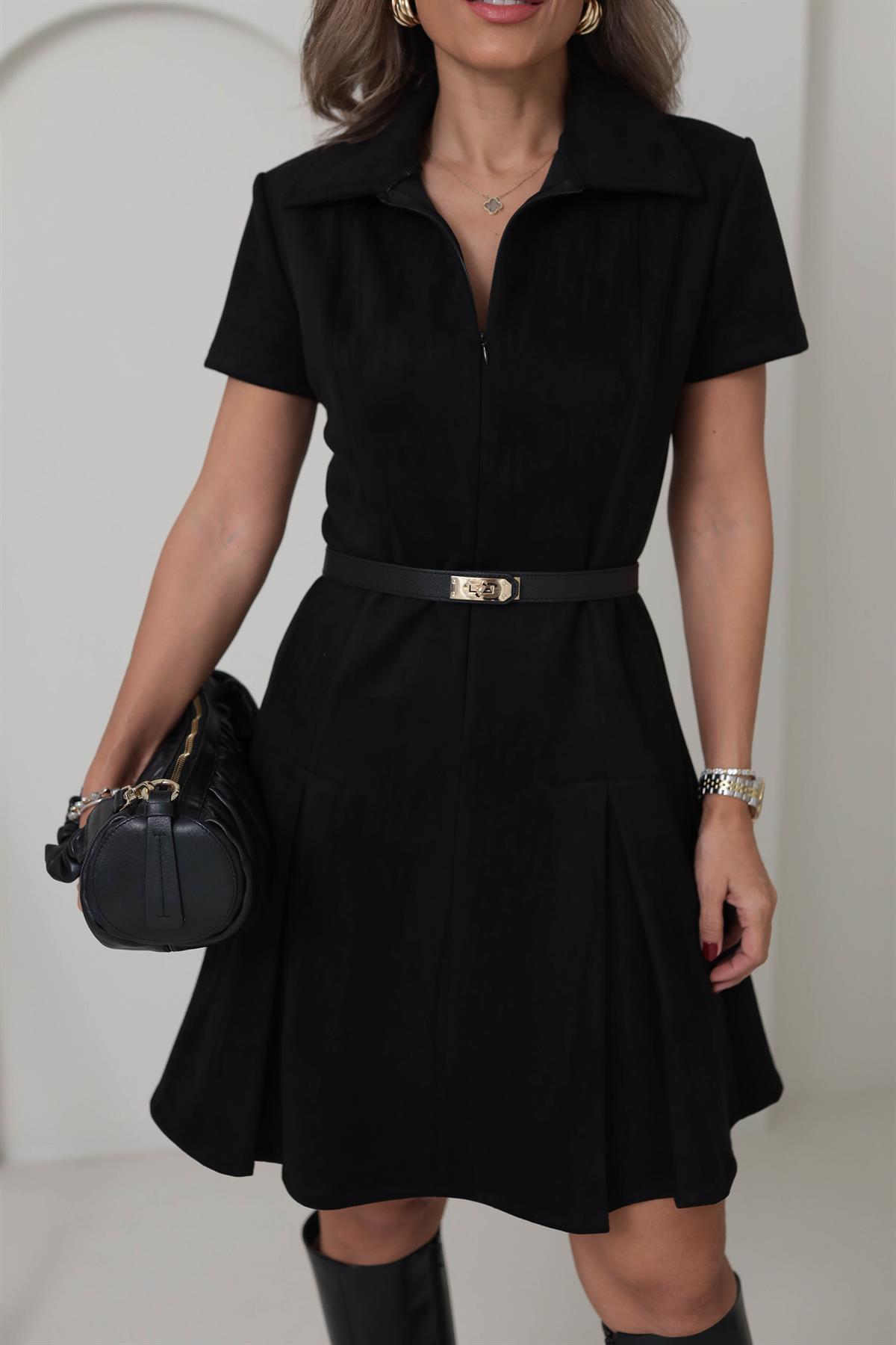 8378 Polo Yaka Önden Fermuarlı Eteği Piliseli Nubuk Elbise SİYAH